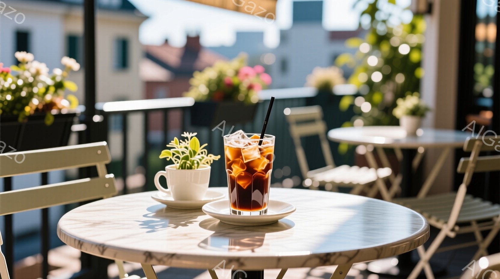 白いテーブルの上に、氷が入ったグラスに入った濃い飲み物、おそらくコーヒーが置かれています。小さな白いソーサーとカップが隣にあり、テーブルの端には小さな緑の植物が飾られています。背景には、建物の屋根と、カラフルな花が咲き誇るバルコニーが見え、晴れた日の穏やかな雰囲気が漂っています。