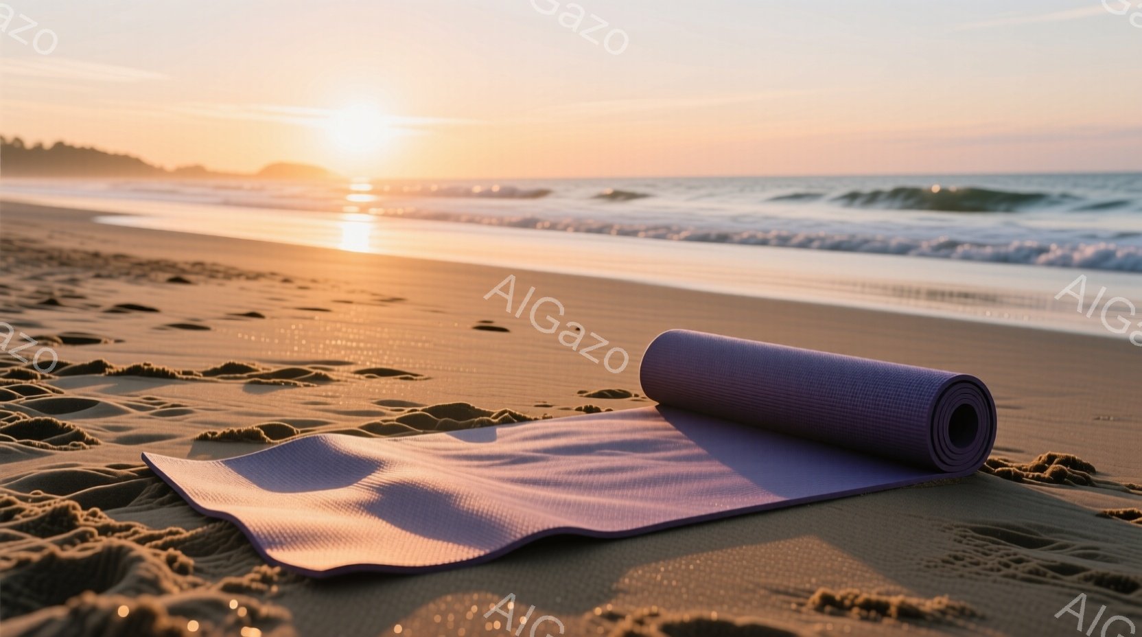 砂浜に薄紫色のヨガマットが広げられ、その横に丸められたヨガマットが置かれている。背景には穏やかな波が打ち寄せ、夕焼けのオレンジとピンクのグラデーションが空を染め上げ、穏やかでリラックスした雰囲気を醸し - AI生成フリー素材
