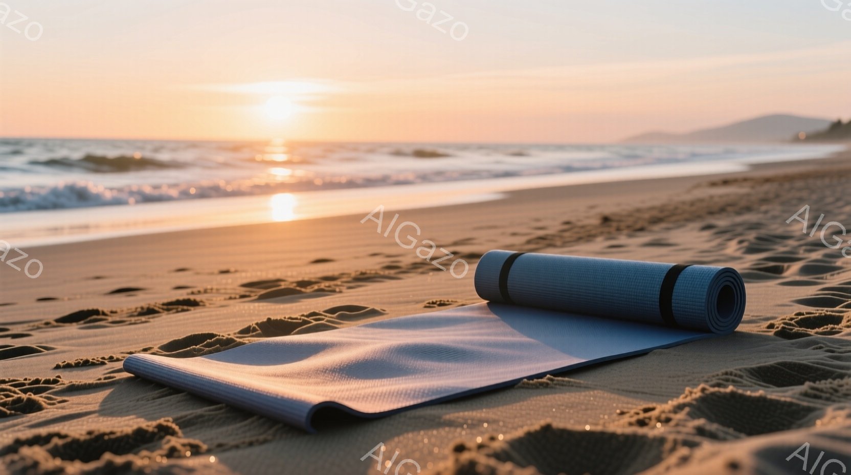 広大な砂浜にヨガマットが敷かれており、夕焼けが海面に反射して穏やかな光景を作り出しています。ヨガマットはグレーで、ロール状になっている部分と平らに広げられた部分があり、まるで誰かがヨガを終えて休憩して - AI生成フリー素材