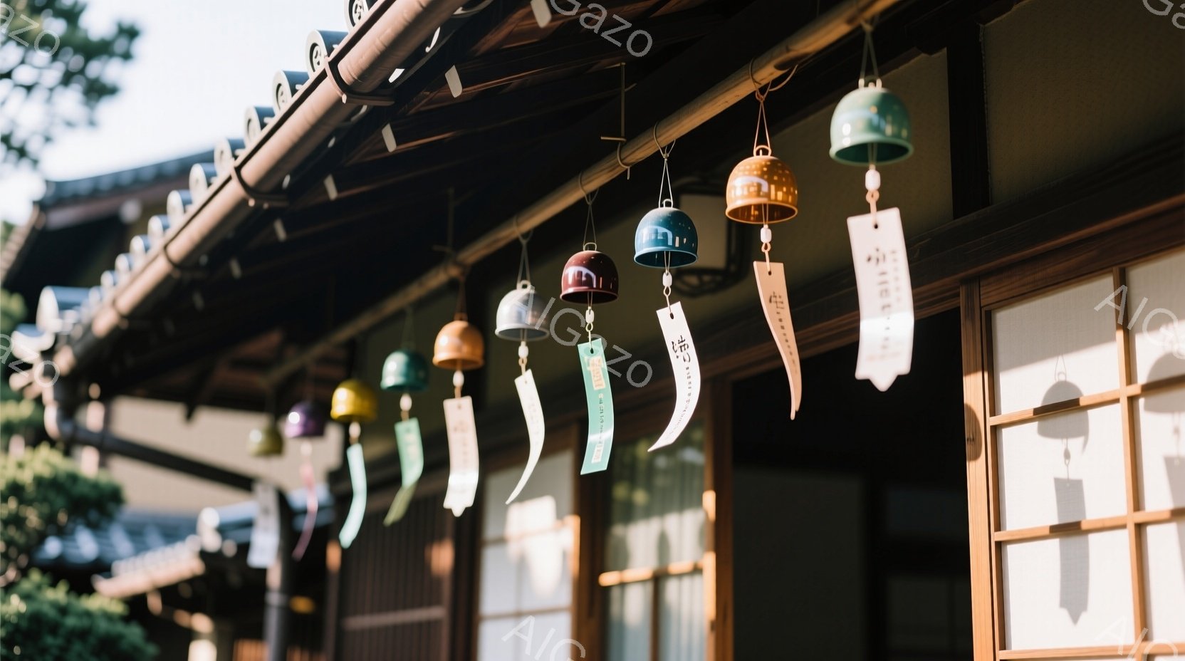 古い木造建築の軒先に、色とりどりの風鈴が吊るされています。風鈴には白い紙のラベルが結び付けられており、それぞれに文字が書かれています。背景には緑豊かな植物が見え、穏やかで涼しげな夏の日の雰囲気が漂っています。