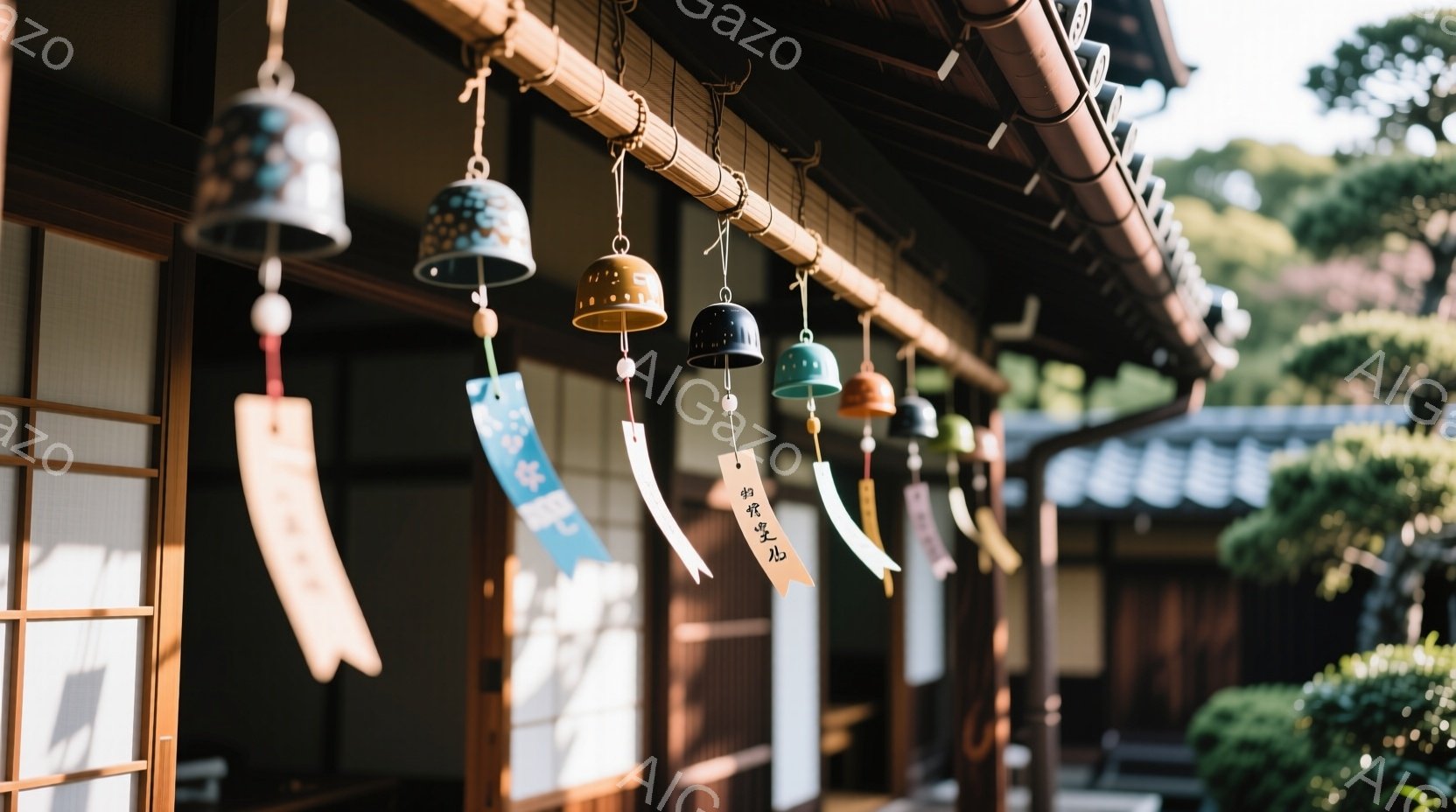 伝統的な木造建築の廊下に、カラフルな風鈴が吊るされています。風鈴には美しい文字が描かれており、穏やかな夏の日の光の中で静かに揺れています。背景には緑豊かな庭園が見え、落ち着いた和の雰囲気が漂っています。