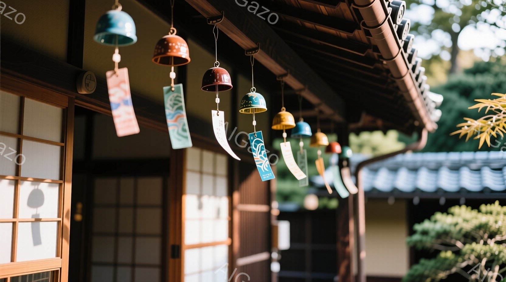 伝統的な日本の建物、おそらく寺院や歴史的な家屋の軒先に、風鈴が吊るされています。風鈴は様々な色と模様を持ち、その下には細長い紙のラベルが付いています。背景には緑豊かな木々が見え、日差しが差し込み、穏や - AI生成フリー素材
