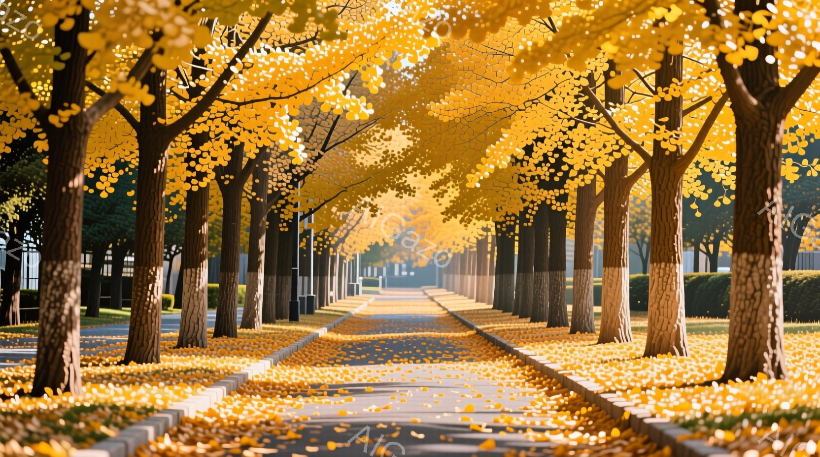 銀杏並木が続く遊歩道が写っている。地面は鮮やかな黄色の銀杏の葉で覆われ、まるで黄金の絨毯のようだ。背景には緑の草地と木々が見え、秋晴れの穏やかな空気が漂っている。
