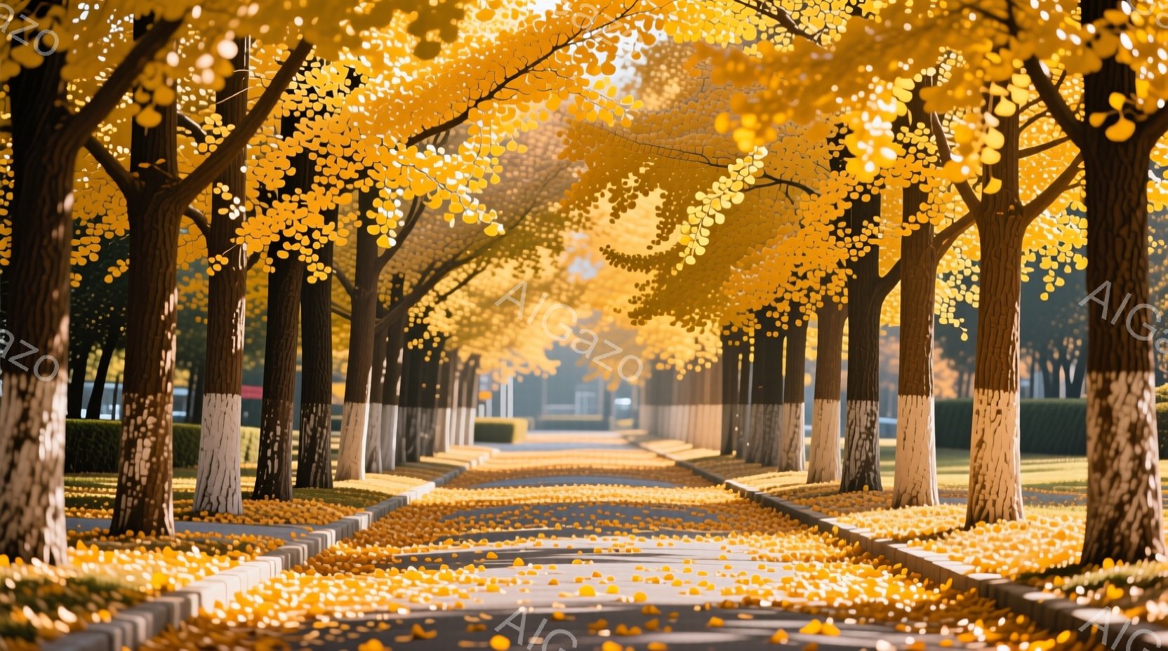 イチョウ並木が続く美しい風景で、地面は黄色い葉で覆われている。木々は高く、光が葉の間から差し込み、暖かい雰囲気を醸し出している。遠くには建物が見え、秋晴れの空の下、静かで穏やかな時間が流れているように - AI生成フリー素材