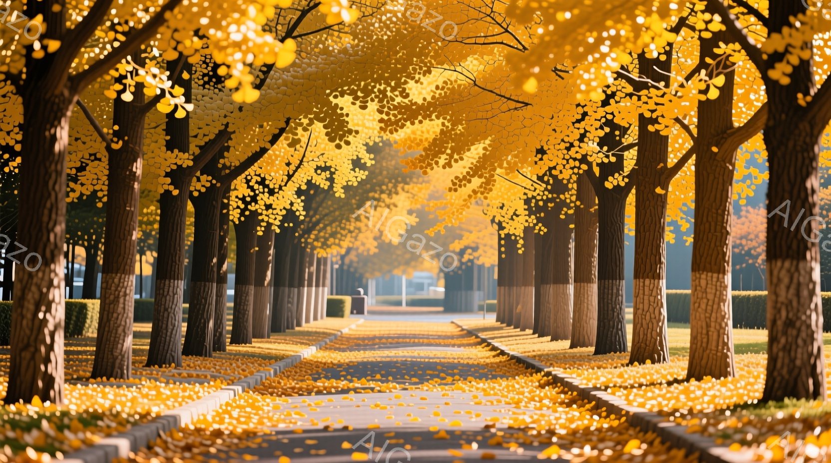 銀杏の並木道が続く風景で、地面は黄色い葉で覆われています。木々は高くそびえ立ち、明るい日光が葉の間から差し込み、暖かい雰囲気を醸し出しています。遠くにはぼんやりと建物が見え、秋の穏やかな一日を描写しています。