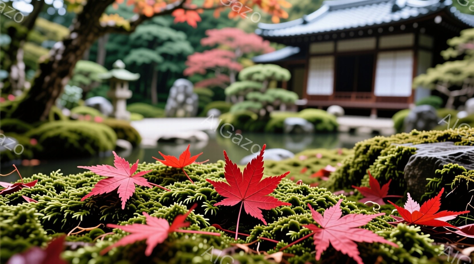 赤い紅葉が緑色の苔の上に落ちている様子が捉えられています。背景には、池と、日本庭園の建物、手入れの行き届いた木々が見え、秋の静寂と美しさを感じさせます。穏やかな光と色彩が、落ち着いた雰囲気を醸し出して - AI生成フリー素材