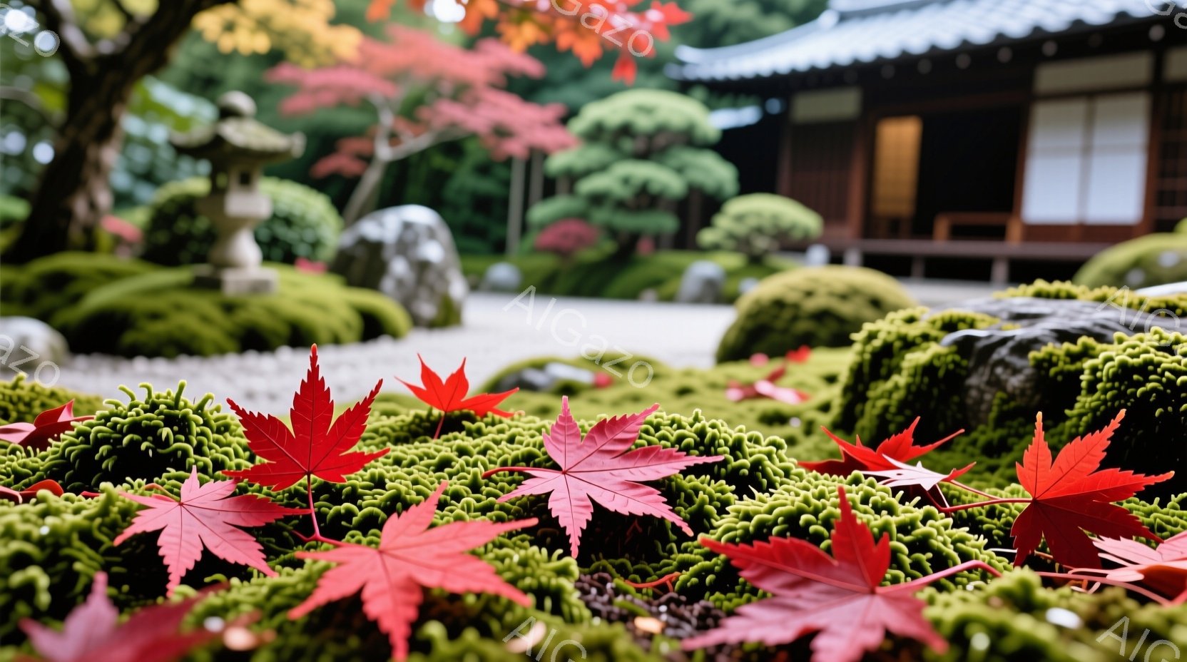 鮮やかな赤色の紅葉が、緑色の苔の上に散らばり、秋の庭園を彩っています。背景には、伝統的な日本の建物と、手入れの行き届いた庭園の風景が広がっており、落ち着いた静寂な雰囲気が漂います。苔の緑と紅葉の赤のコ - AI生成フリー素材