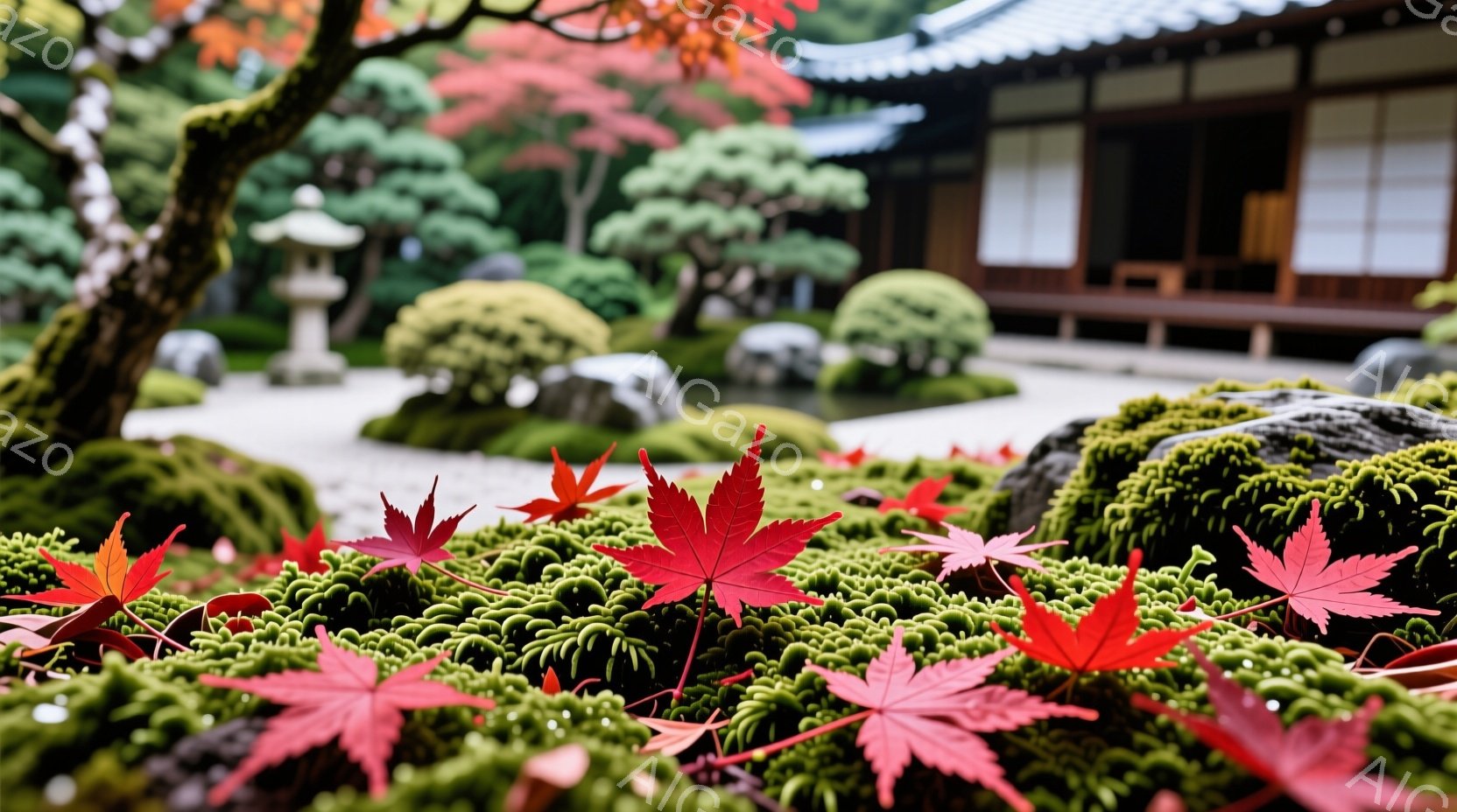 鮮やかな赤色の紅葉が、緑色の苔の上に散りばめられています。背景には、伝統的な日本家屋と、手入れの行き届いた庭園が広がり、落ち着いた雰囲気を醸し出しています。庭園には、整えられた木々や石、そして灯籠が配 - AI生成フリー素材