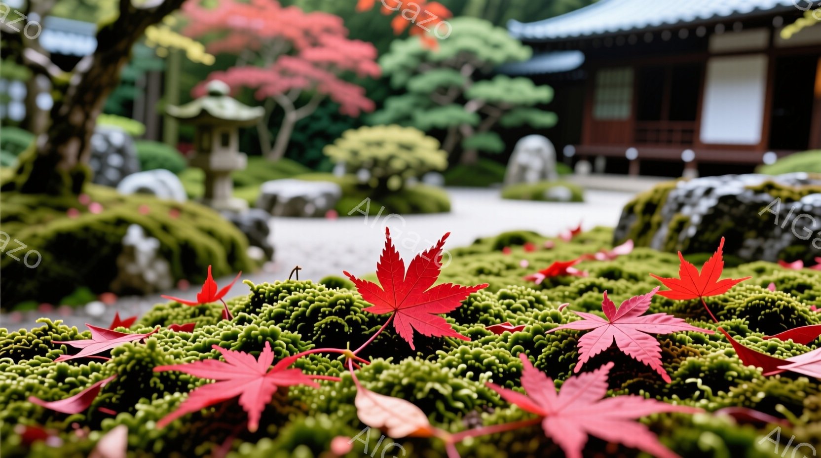 今日は秋の日で、東京の日本橋公園を散策している人が見渡す景色が広がっています。人物は和服を着た中年女性で、手袋をつけて階段を登ります。公園には浮生覆しの池や木々があり、日本風の建物が見られる。そして、紅葉の季節であることが示されるように、地面には紅葉の葉が散らばっています。全体として、清新で自然な雰囲気が感じられる日本の公園を描いた写真です。