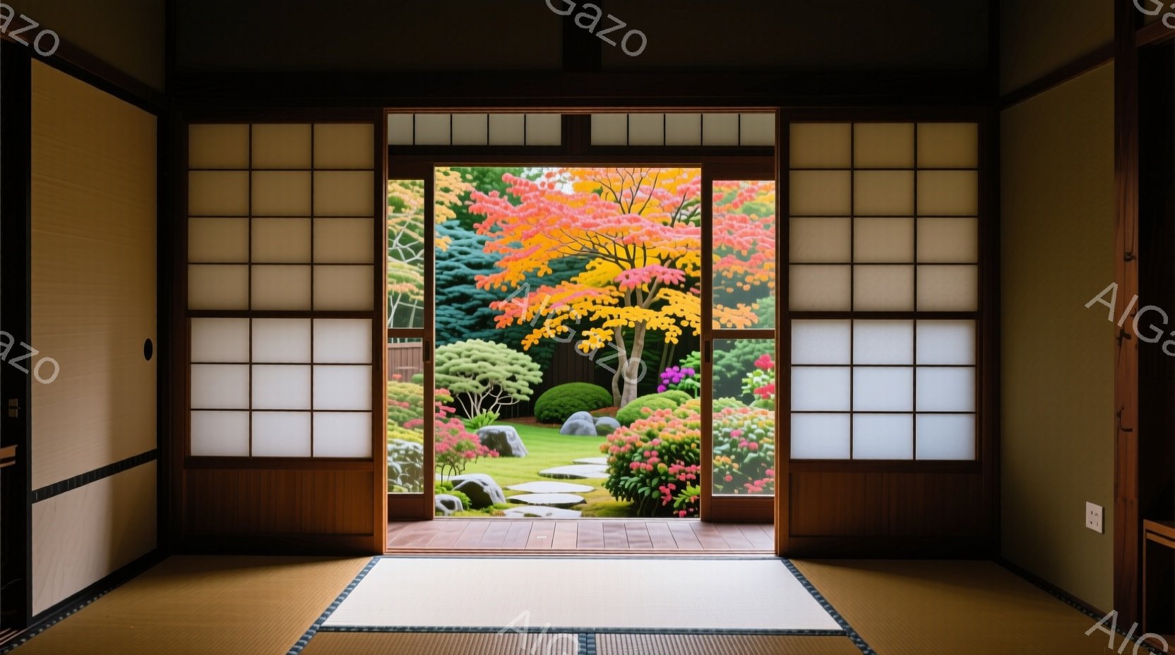 障子戸が開け放たれた畳敷きの部屋から、鮮やかな紅葉の庭園が望めます。庭には、緑の芝生、苔むした岩、そして色とりどりの紅葉が点在し、日本の秋の風景を象徴しています。室内は簡素で落ち着いた雰囲気で、自然光 - AI生成フリー素材