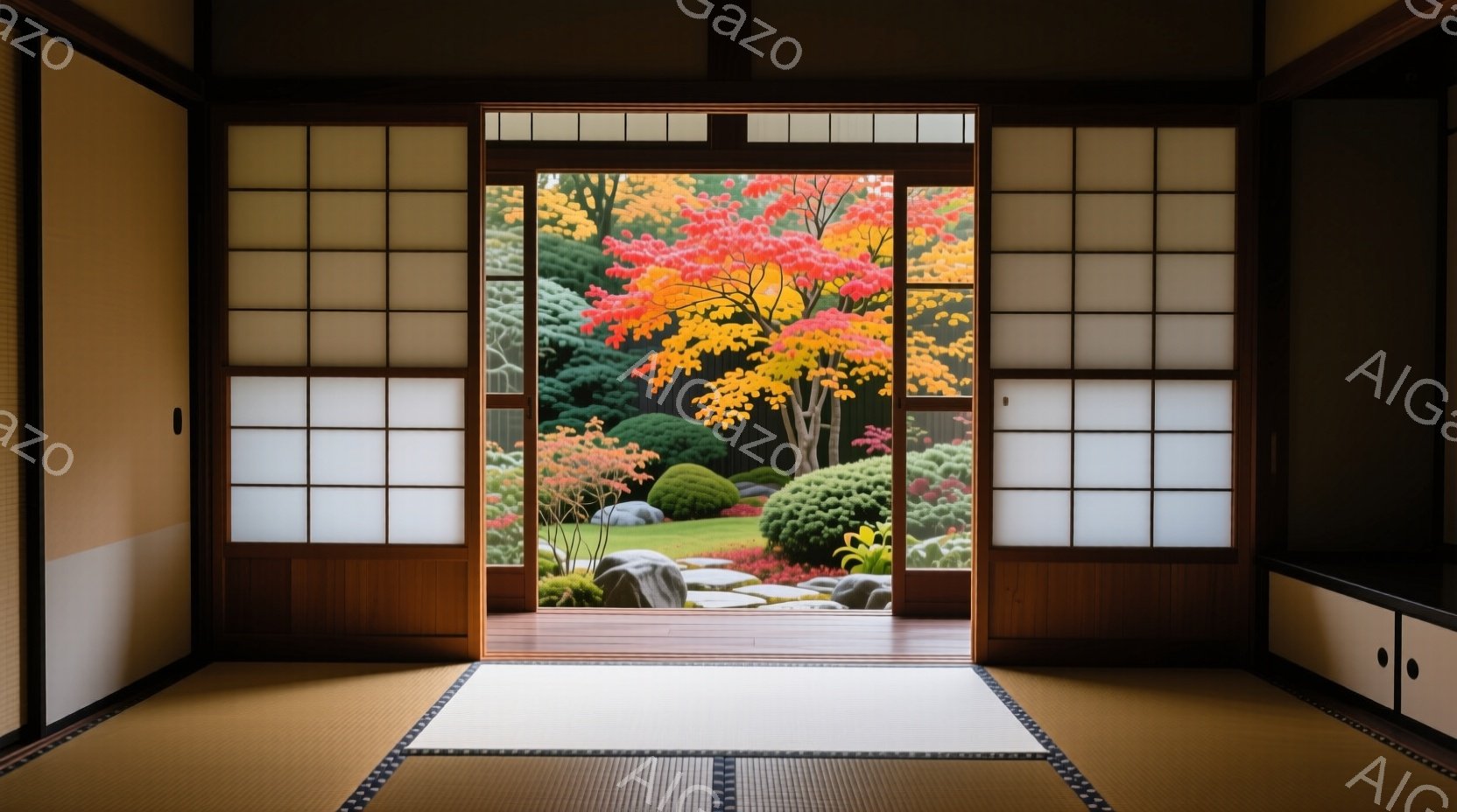 畳敷きの部屋からは、美しい日本庭園が望めます。鮮やかな紅葉と手入れの行き届いた庭石、緑豊かな背景が、静かで穏やかな雰囲気を醸し出しています。障子から差し込む柔らかな光が、部屋全体を温かく照らし、落ち着 - AI生成フリー素材