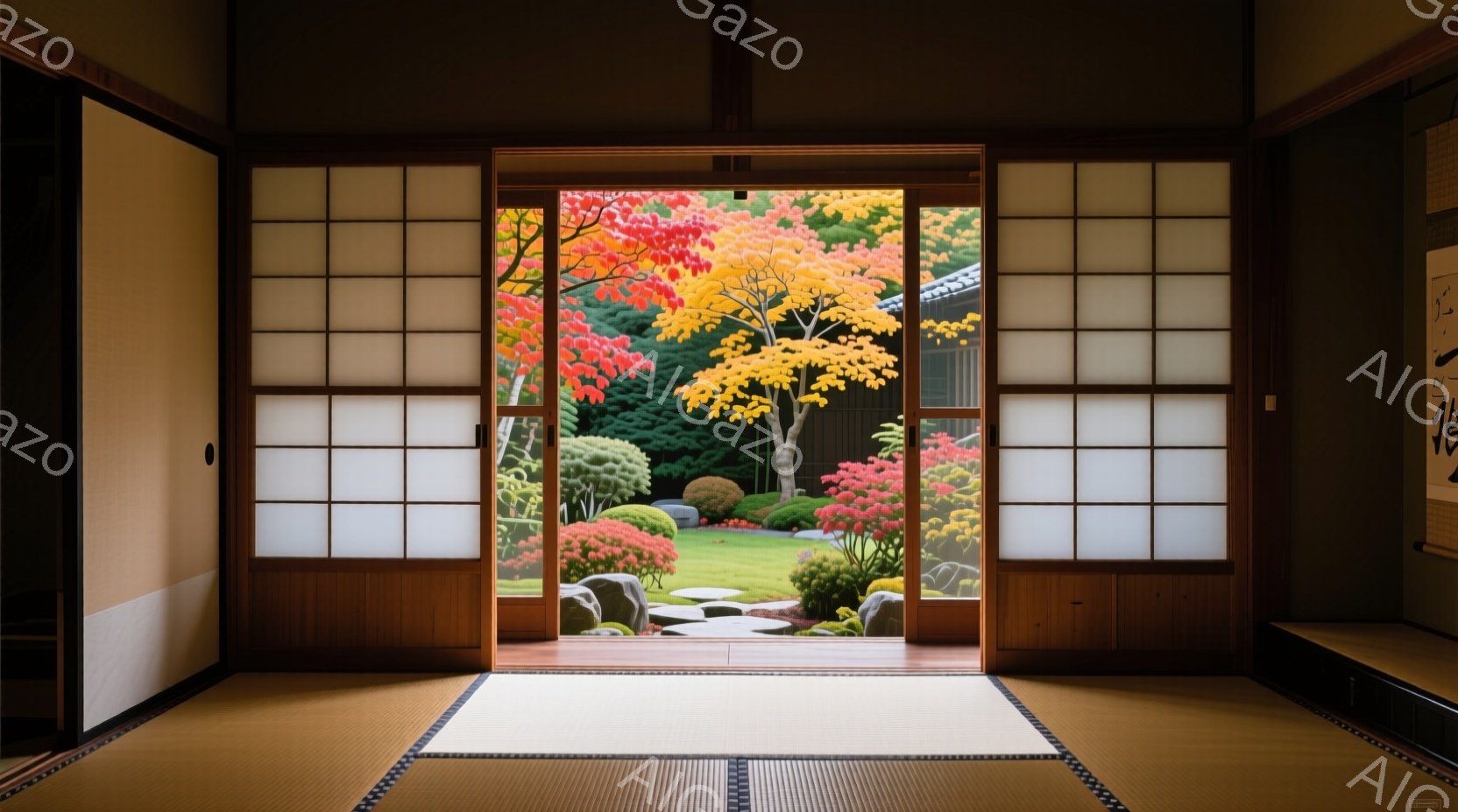 畳敷きの部屋から、鮮やかな紅葉の庭園が垣間見える。障子戸は開け放たれ、庭の緑と赤のコントラストが目に飛び込んでくる。静寂と穏やかさが漂い、秋の深まりを感じさせる空間である。 - AI生成フリー素材