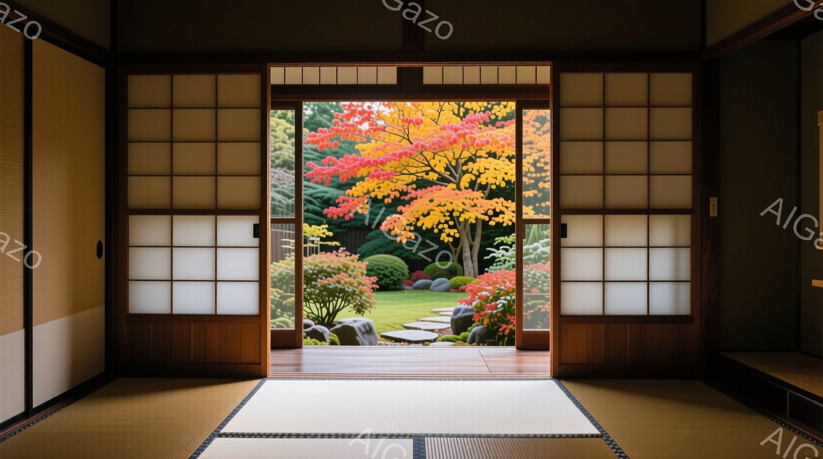 畳敷きの部屋から、鮮やかな紅葉の庭園が見渡せる。障子戸は開け放たれ、庭の緑と赤のコントラストが印象的で、穏やかな秋の日の静けさが感じられる。庭には石灯籠や苔、手入れされた木々があり、日本の伝統的な美意 - AI生成フリー素材