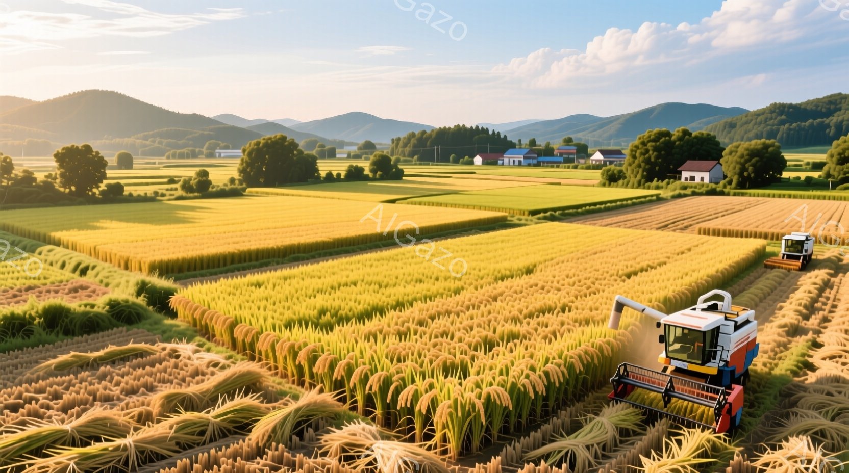 広大な田園風景が広がっており、黄金色の稲穂が整然と並んでいるのが印象的です。遠景には緑豊かな山々と点在する建物が見え、晴天の下、穏やかな雰囲気が漂っています。収穫機が稲を刈り取っており、農業の活気を感 - AI生成フリー素材