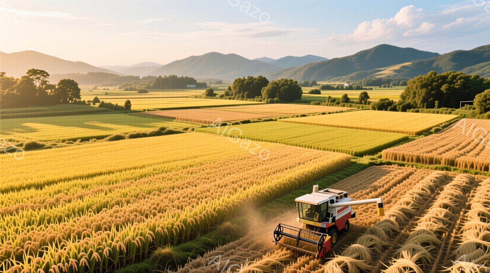 広大な田園風景が広がり、黄金色の稲穂が規則正しく並んでいる。遠景には緑豊かな山々が連なり、空は穏やかな晴天で、農業機械が稲刈りをしている様子が確認できる。全体的に、豊穣な自然と農業の調和を感じさせる、 - AI生成フリー素材