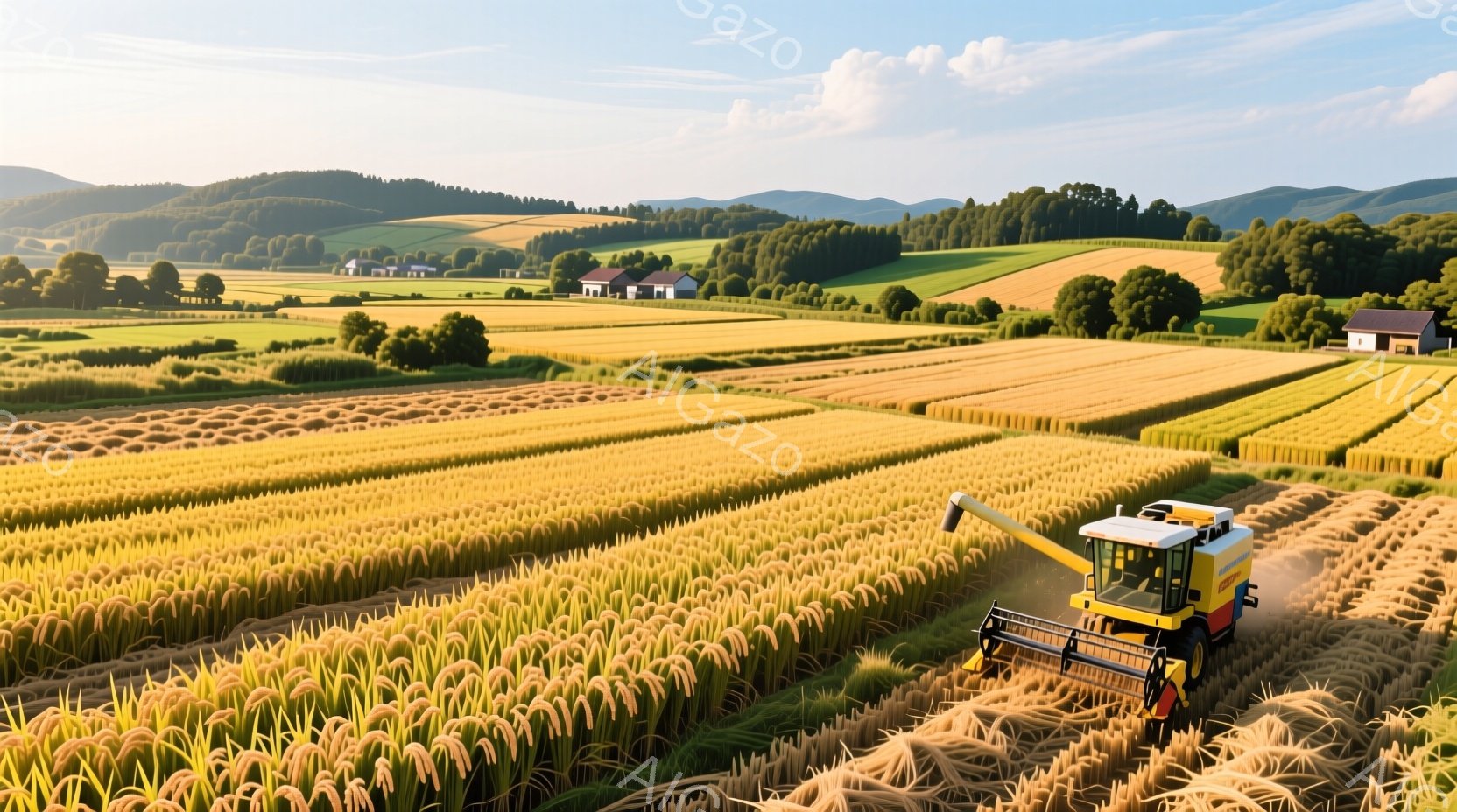 広大な麦畑が黄金色に輝き、収穫の季節を告げている。遠くには緑豊かな丘陵と点在する家々が見え、穏やかな天候と相まって、平和で牧歌的な雰囲気が漂っている。収穫機が畑の中を動き、効率的に麦を刈り取っている様子が描かれている。