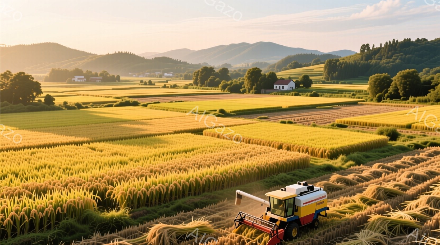 昼間、田地で作業を行う農家の人がトラクターを操作している。彼は、綿密な作業に集中し、周りの田畑を耕す。風景は山の背景に囲まれた平地で、空気が澄んでおり、光が強いことを示唆している。