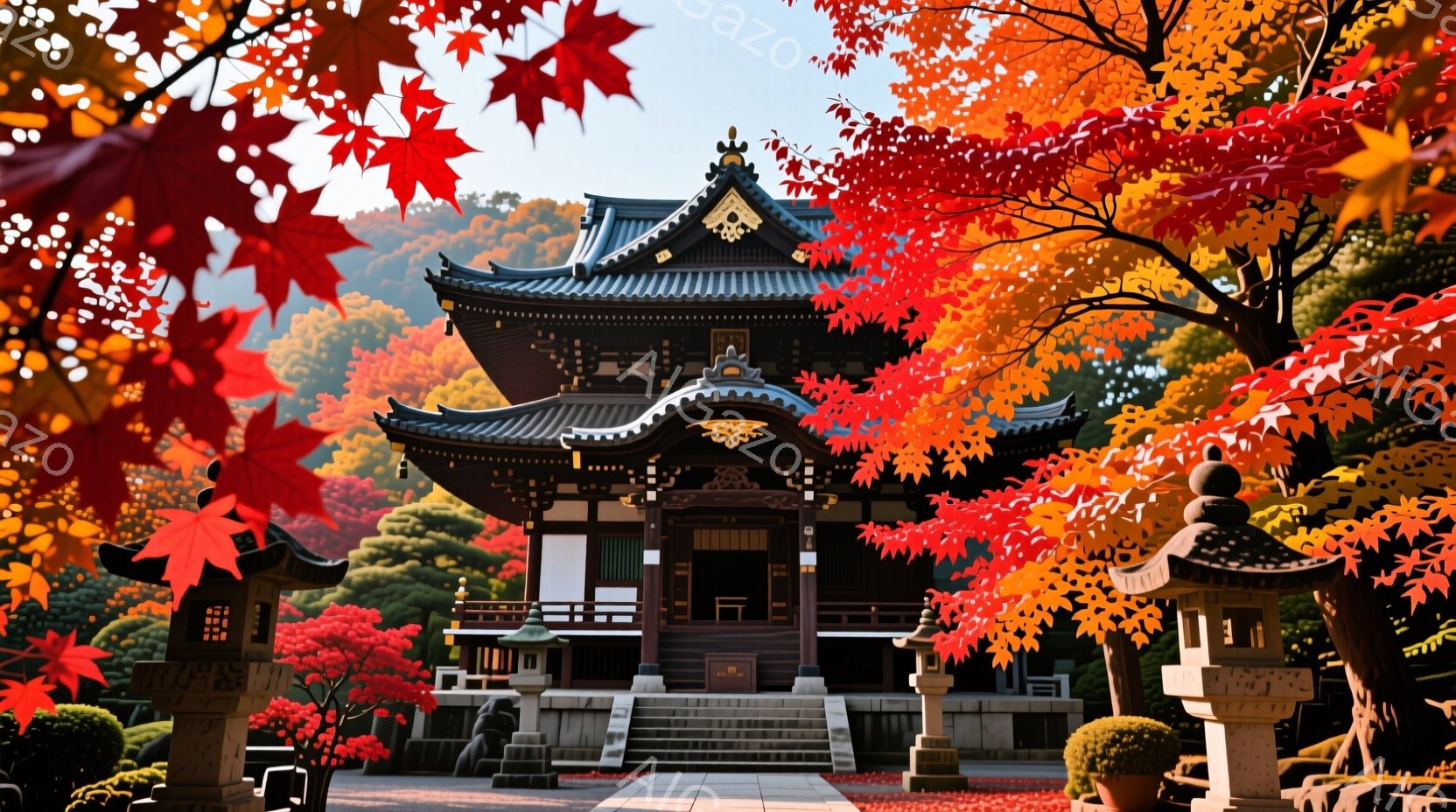 鮮やかな紅葉に囲まれた寺院が、秋の深まりを感じさせます。寺院は重厚な木造建築で、緑色の屋根が特徴的です。石畳の道には散った紅葉が敷き詰められ、石灯籠が静かに佇み、厳かで美しい雰囲気を醸し出しています。 - AI生成フリー素材
