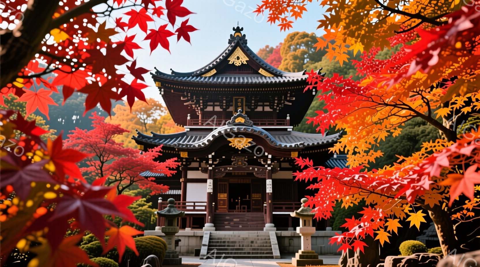 鮮やかな紅葉に囲まれた寺院が中央に位置し、その複雑な木造建築が目を引きます。寺院は重厚な屋根と精巧な彫刻で飾られ、一段高くなった石段が荘厳な雰囲気を醸し出しています。背景には緑豊かな木々が生い茂り、秋 - AI生成フリー素材