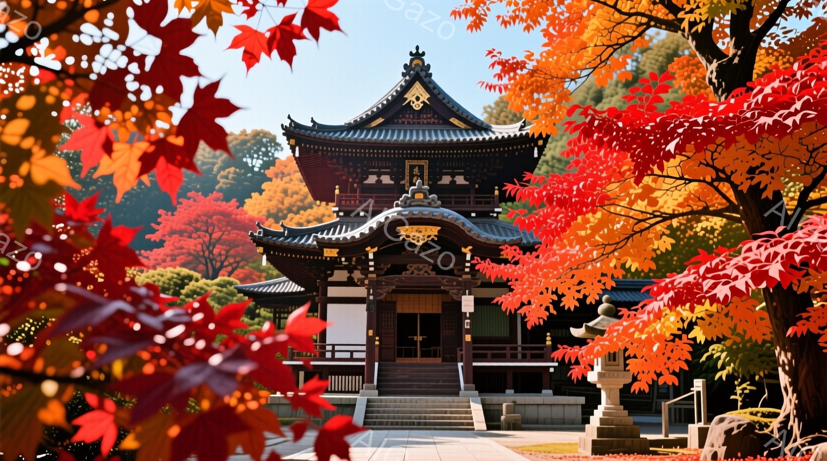 鮮やかな紅葉に囲まれた寺院が中央に位置し、重厚な屋根と精緻な彫刻が印象的です。石段と石灯籠が配置され、厳かで落ち着いた雰囲気を醸し出しています。背景には緑豊かな木々が広がり、秋の深まりを感じさせる美し - AI生成フリー素材