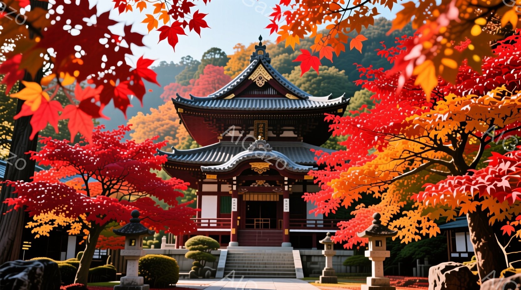 鮮やかな紅葉に囲まれた寺院が堂々と建っている。寺院は伝統的な建築様式で、緑と赤のコントラストが美しい。手入れの行き届いた庭園と石灯籠が、静寂で厳かな雰囲気を醸し出している。 - AI生成フリー素材