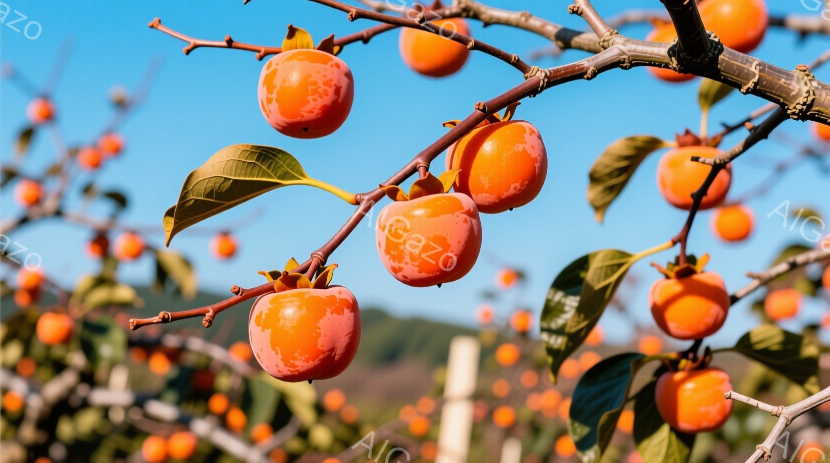 人物が登場せず、動作や服装などの要素も存在しません。背景は果樹園のように広い空間であり、青く整った果実をつけた木が中心となり、全体的に穏やかで鮮やかな印象を与えます。