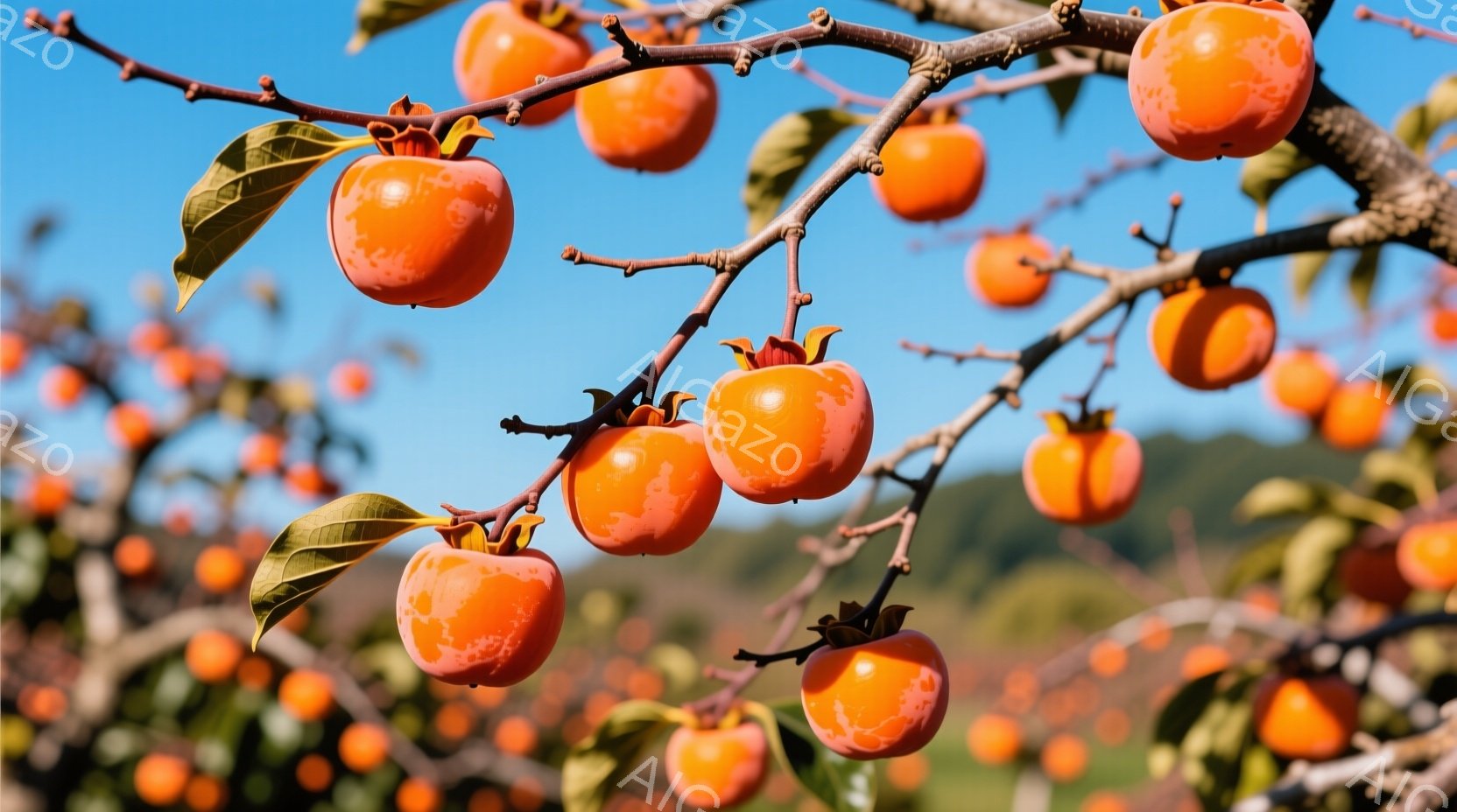 柿の木に熟した柿が密集して実っている様子が写っている。青い空を背景に、オレンジ色の柿が鮮やかに映え、秋の収穫の時期を連想させる。葉っぱも少し見え、自然豊かな風景が広がっている。