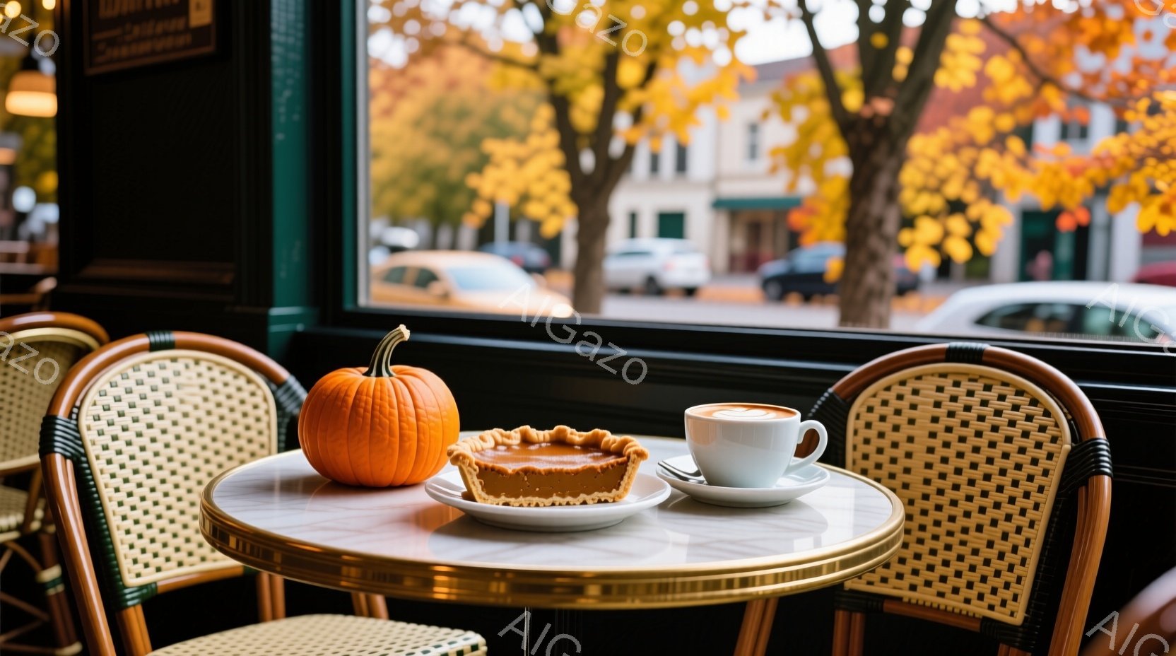 白いテーブルの上には、かぼちゃのパイとコーヒーカップが置かれており、テーブルの周りには籐の椅子が二脚並んでいます。背景には、鮮やかな紅葉の木々と、それらに挟まれた建物が見え、秋の落ち着いた雰囲気が漂っ - AI生成フリー素材