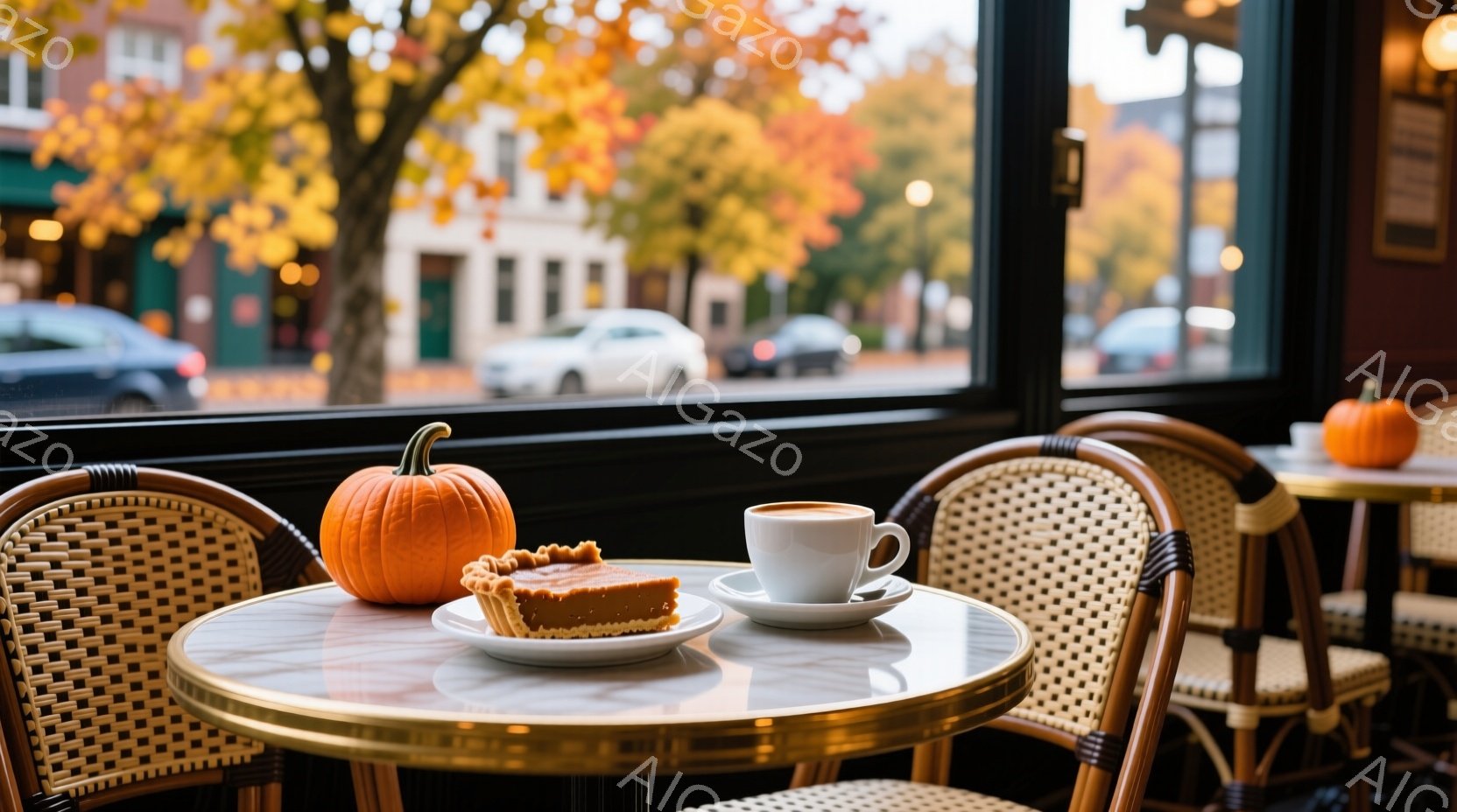 カフェのテーブルには、切り分けたパンプキンパイと一杯のコーヒーが置かれています。背景には、鮮やかな紅葉の木々と街並みが広がり、秋の穏やかな雰囲気が漂っています。テーブルと椅子はクラシックなカフェスタイ - AI生成フリー素材