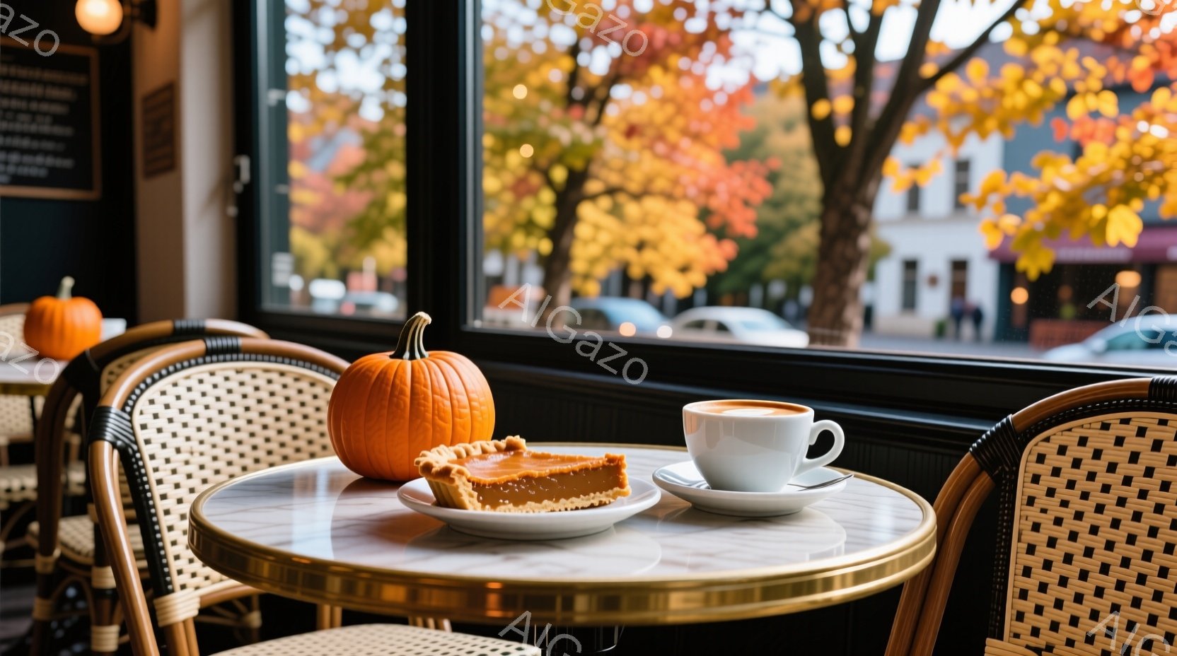 秋の光が差し込むカフェのテーブルに、かぼちゃのパイとカップに入ったコーヒーが置かれています。テーブルは白く、椅子は籐編みでクラシカルな雰囲気です。背景には紅葉した木々と建物が見え、暖かく穏やかな秋の日 - AI生成フリー素材