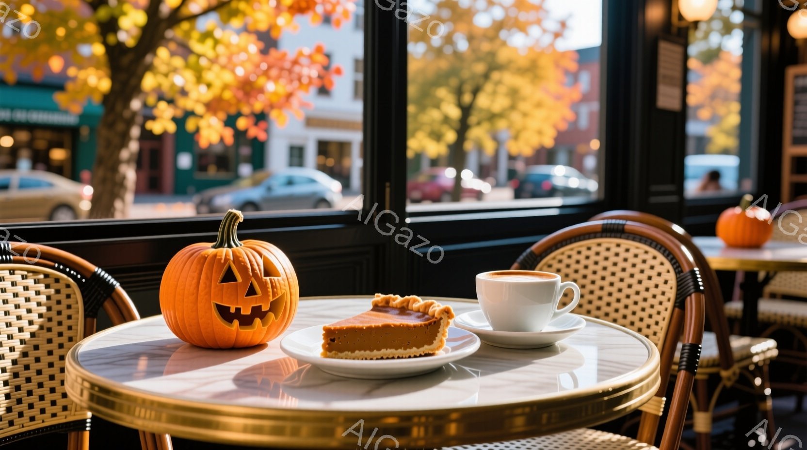 白いテーブルクロスが敷かれたカフェのテーブルの上には、ジャック・オー・ランタンの形をしたオレンジ色のカボチャ、スライスされたパンプキンパイ、そして白いカップに入ったコーヒーが置かれています。背景には、 - AI生成フリー素材