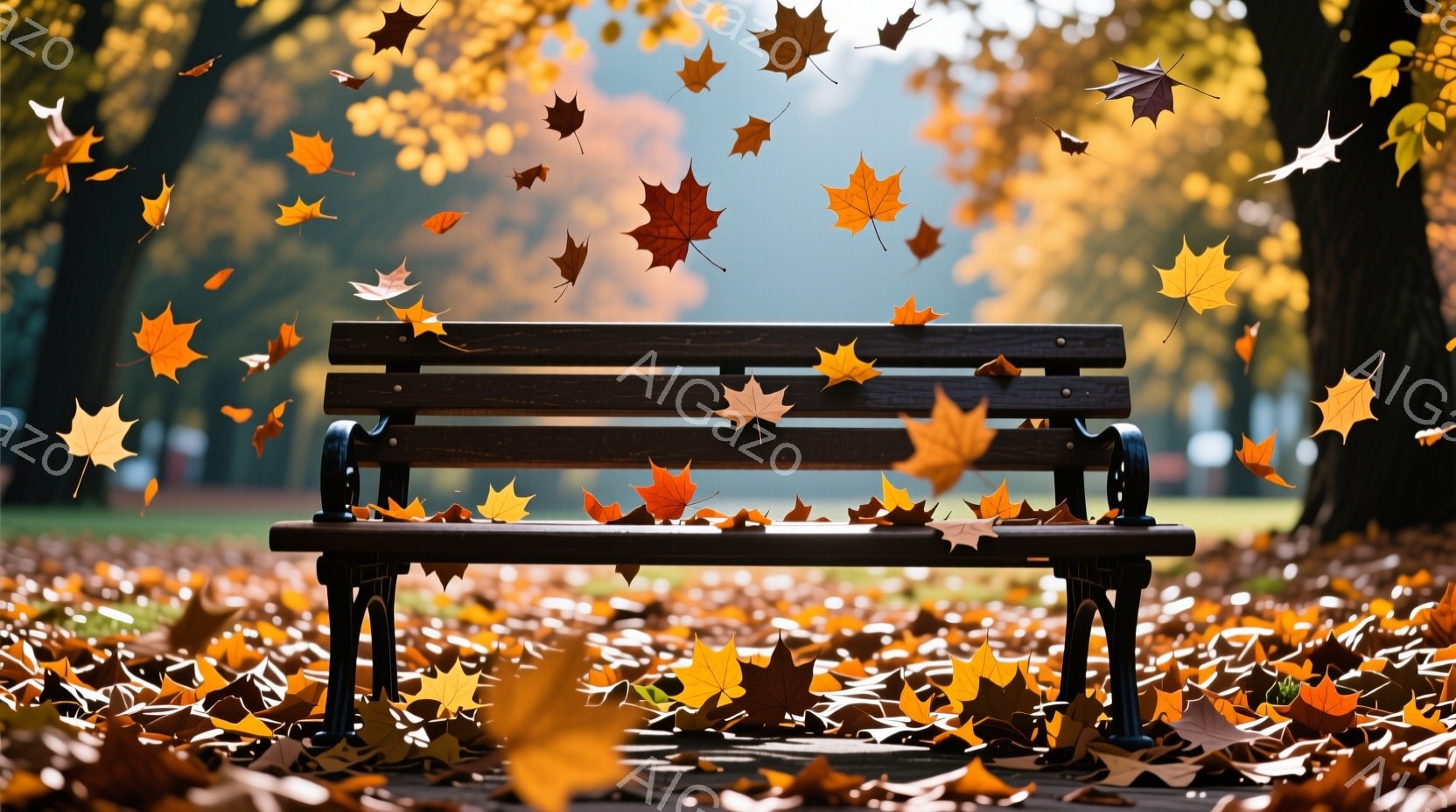 公園の遊歩道に置かれた木製のベンチが中央にあります。地面やベンチの周りには、赤やオレンジ色の落ち葉が散らばり、秋の雰囲気を醸し出しています。背景にはぼやけた緑の木々と、穏やかな日差しが差し込み、静かで - AI生成フリー素材