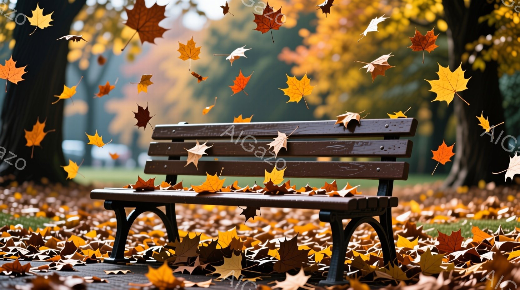 公園のベンチが、燃えるような赤や黄色の落ち葉に囲まれています。背景にはぼやけた緑の木々と、秋の柔らかな日差しが差し込み、季節の移ろいを感じさせます。落ち葉はベンチの上にも舞い降りており、静かで穏やかな - AI生成フリー素材