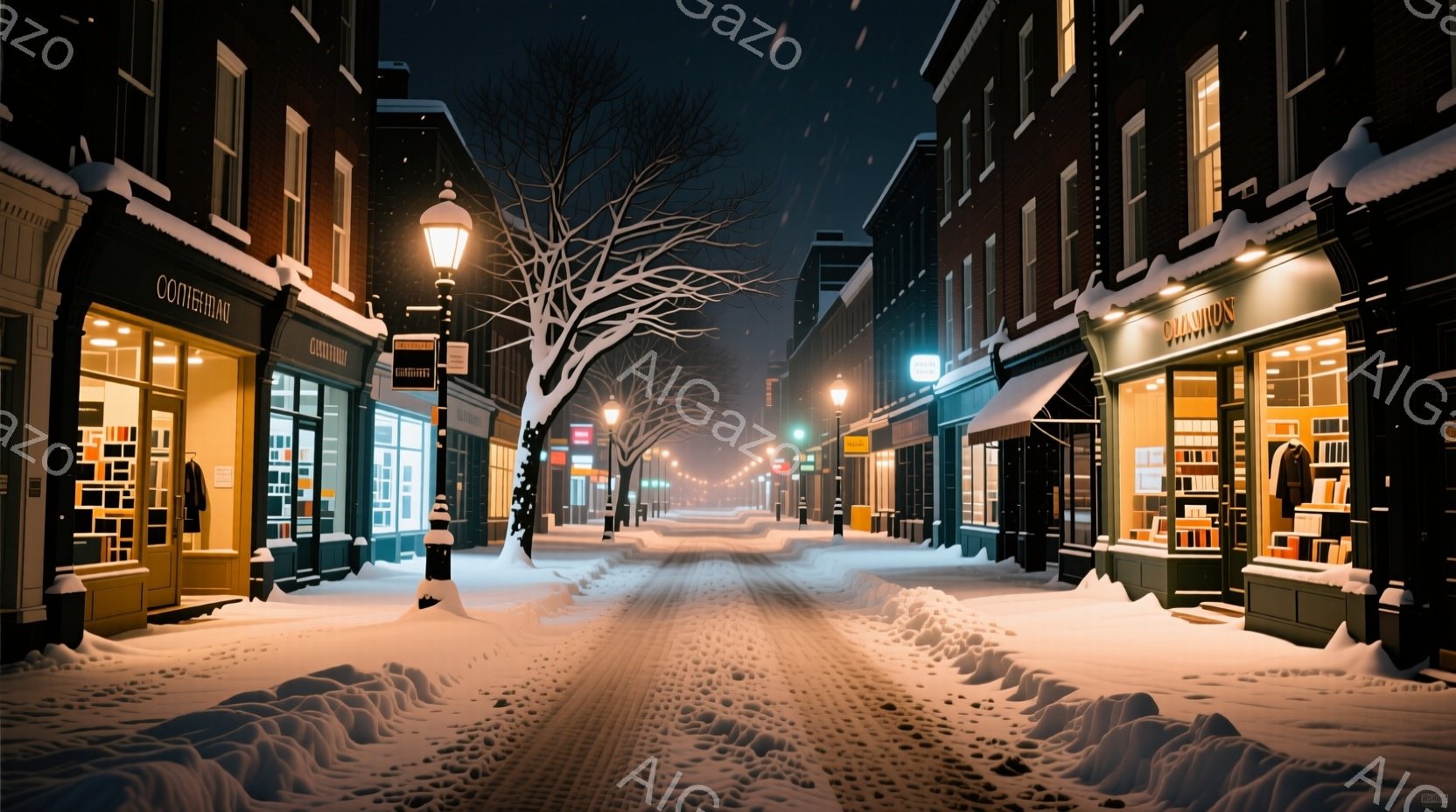 雪が降り積もる静かな街並みが描かれている。両脇には煉瓦造りの建物が立ち並び、ショーウィンドウには冬物の服が飾られている。暖かい光が灯った街灯とお店の明かりが、雪景色に温かさを添えている。