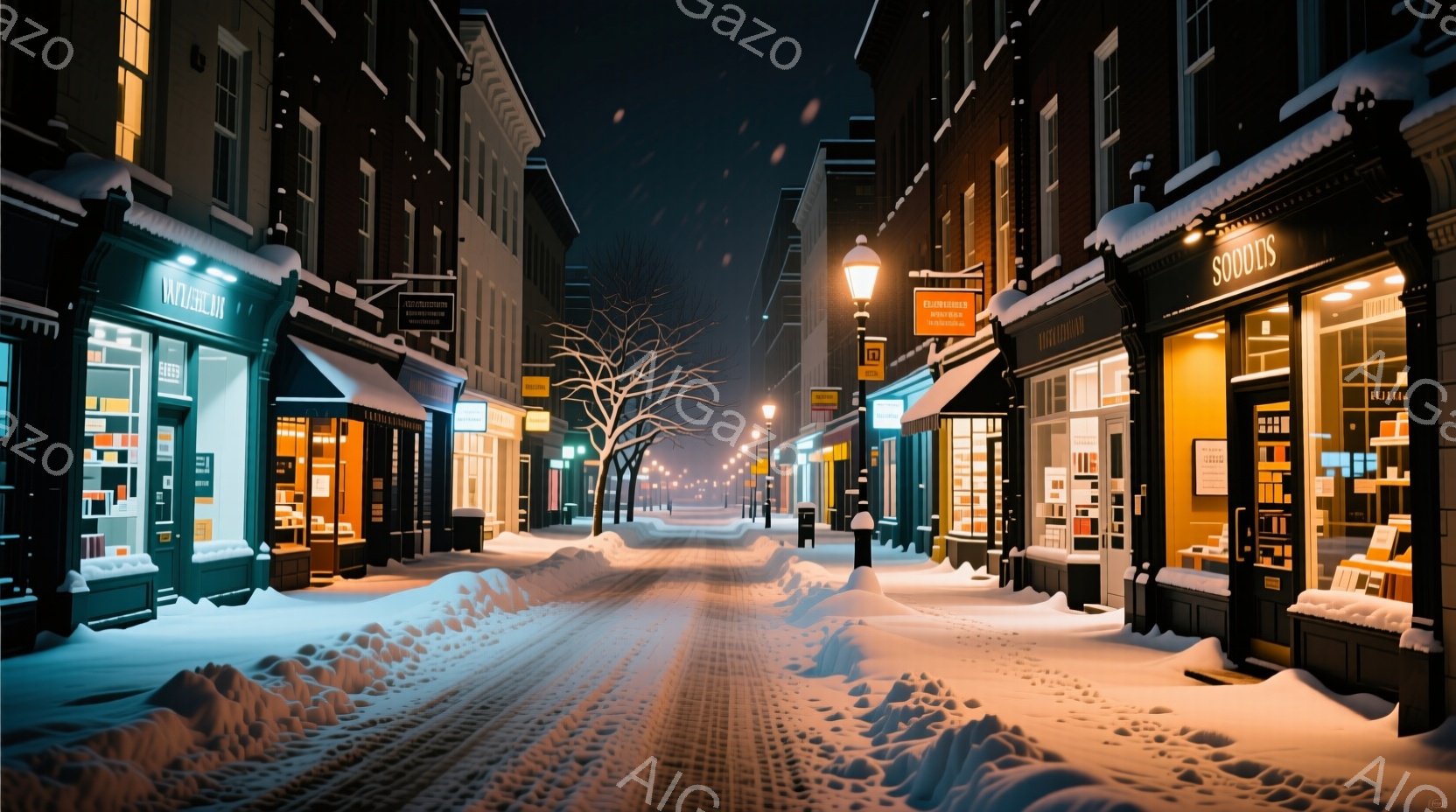 雪が降り積もった静かな街並みが描かれている。両脇には歴史的な建物が並び、暖かい光が窓から漏れ出し、雪景色に温かさを添えている。道路は雪で覆われ、まるで冬の童話の世界のような、穏やかで幻想的な雰囲気が漂っている。