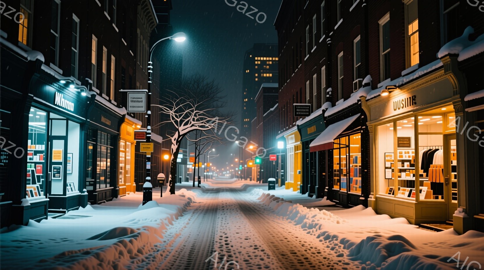 雪が降り積もり、街路樹も雪で覆われた静かな夜の街並みが描かれている。両脇には商店が並び、窓から漏れる暖かい光が雪景色を照らし出している。地面には雪が厚く積もり、人影は見当たらず、静寂と冬の寒さが感じら - AI生成フリー素材