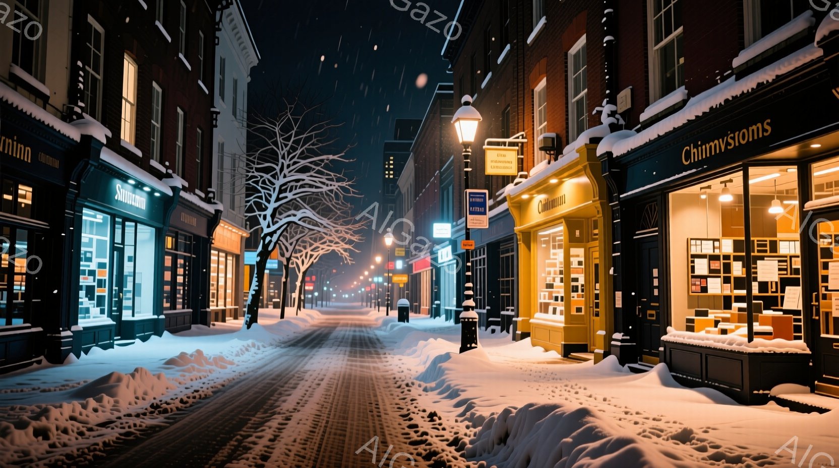 雪が降り積もった石畳の通りが、温かい光に照らされている。左右にはレンガ造りの建物が並び、ショーウィンドウからは暖かな光が漏れ出している。雪景色と街灯の光が合わさり、静かで幻想的な冬の雰囲気を醸し出して - AI生成フリー素材