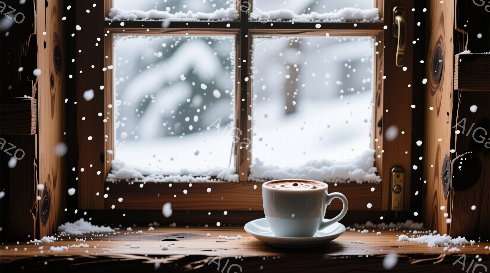 白いカップとソーサーが窓辺の木の棚に置かれ、窓の外には雪が降る冬景色が見える。木製の窓枠と棚は温かみを加え、雪景色とのコントラストを作り出している。静かで落ち着いた雰囲気で、温かい飲み物とともに雪景色を楽しむ穏やかな時間を示唆している。