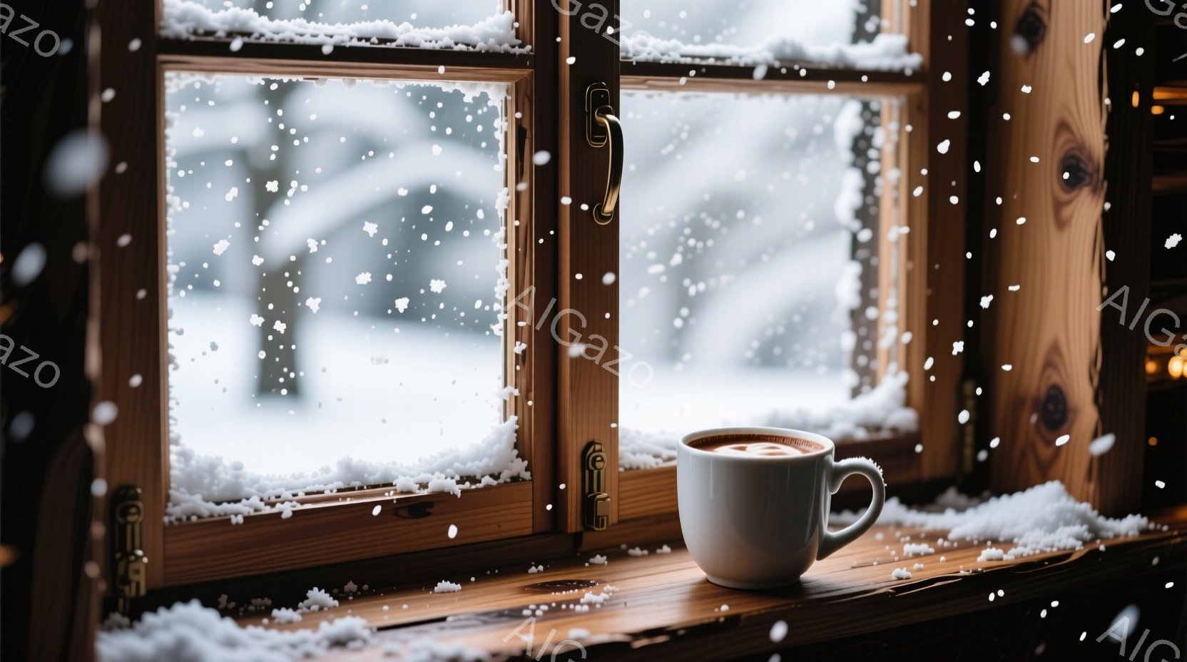 窓辺に置かれた白いマグカップから立ち上る湯気は、温かさを感じさせます。窓の外は雪景色で、雪が窓枠に積もり、冬の静寂と穏やかな雰囲気を醸し出しています。木製の窓枠と雪景色が組み合わさり、温かく、居心地の良い冬の情景を描き出しています。