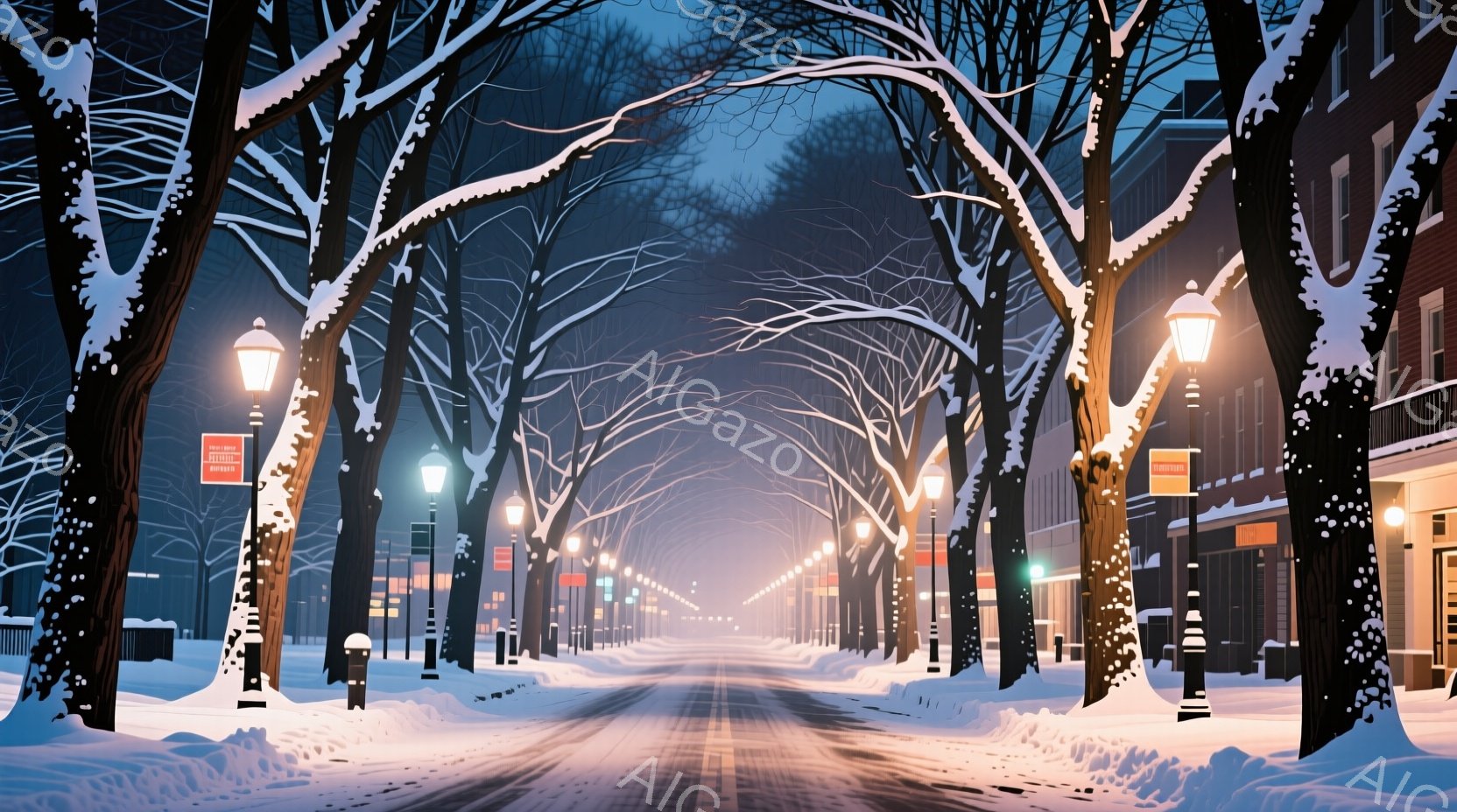 雪に覆われた街並みが、薄暗い夕暮れ時に広がっている。両脇にはうっそうと雪を抱いた木々が立ち並び、遠くにはぼんやりとした街灯の光が灯っている。建物は伝統的な様式で、冬の静寂と暖かさが共存する、穏やかな雰 - AI生成フリー素材