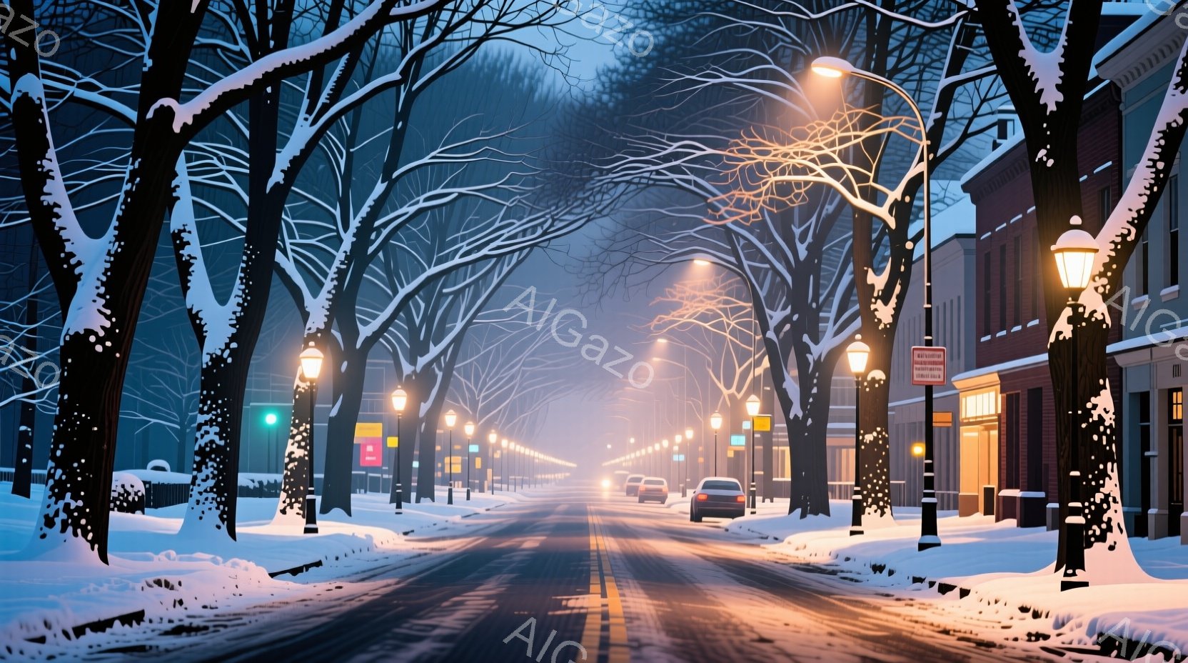 雪が降り積もった並木道が続く、冬の夕暮れ時の街並みである。街路灯が雪に照らされ、暖かく光を放っている。建物の窓から漏れる光と雪景色が、静かで幻想的な雰囲気を醸し出している。