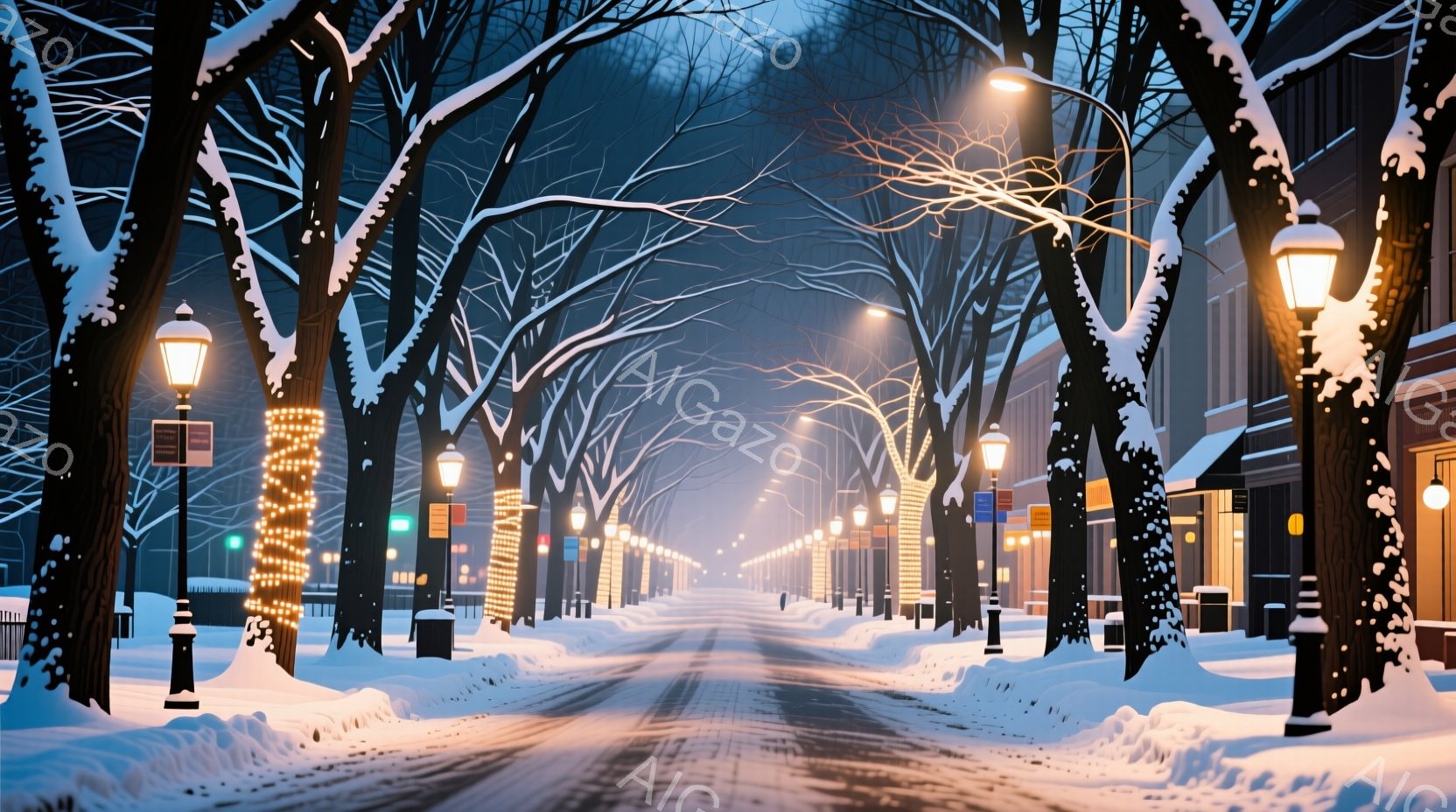雪に覆われた街路が、両側を行く木々によってトンネルのように形作られています。街灯は暖かく光を放ち、雪景色に温かみを添え、遠くにはぼんやりと建物の輪郭が見えます。全体的に静かで幻想的な冬の雰囲気が漂っています。