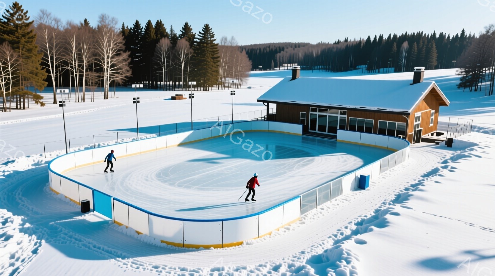 雪に覆われた屋外スケートリンクで、二人の人物がスケートを楽しんでいる。片方は黒い服装でリンクを滑り、もう片方は赤いジャケットを着て、リンクの外周を歩きながらスケート棒を持っている。背景には木々が生い茂 - AI生成フリー素材