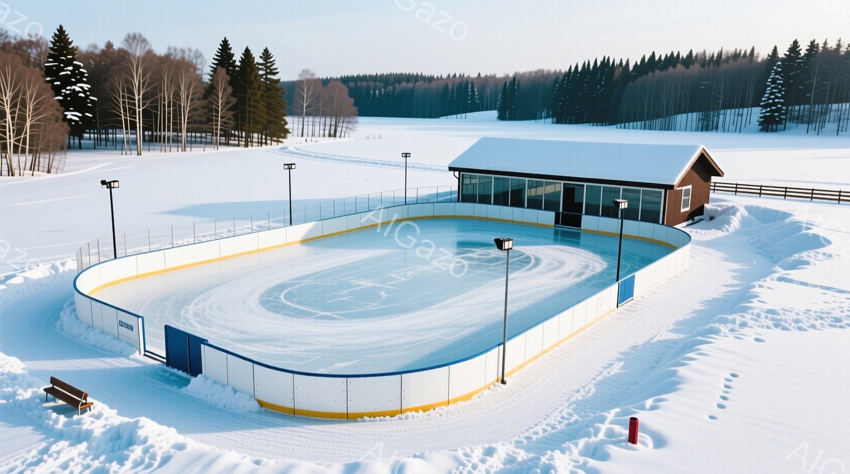 広大な雪原に作られたアイススケートリンクが、冬の風景の中に佇んでいる。リンクは青と黄色の縁取りで囲まれ、白い雪景色とのコントラストが美しい。背景には、雪をまとった木々や簡素な建物が見え、静かで穏やかな冬の雰囲気を醸し出している。