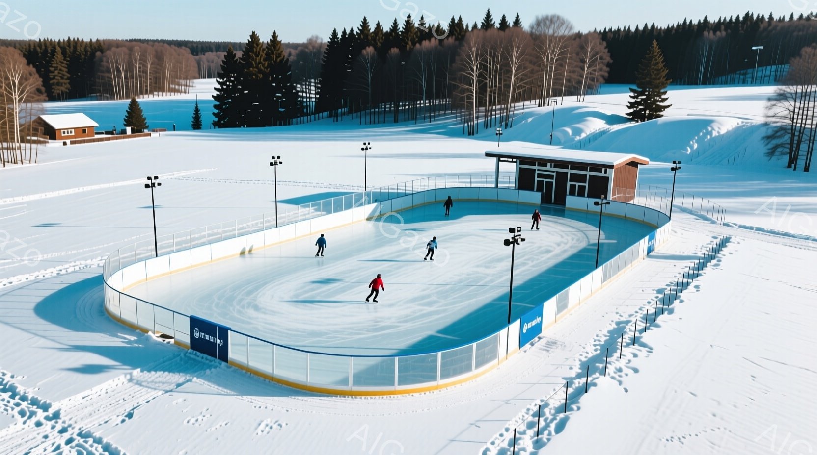 広大な雪景色の中に、アイススケートリンクが広がっています。数人の人々がリンク上でスケートを楽しんでおり、赤いジャケットを着た人物が目立ちます。背景には木々が生い茂り、遠くには小さな建物が見え、晴天の下、静かで穏やかな冬の雰囲気が漂っています。