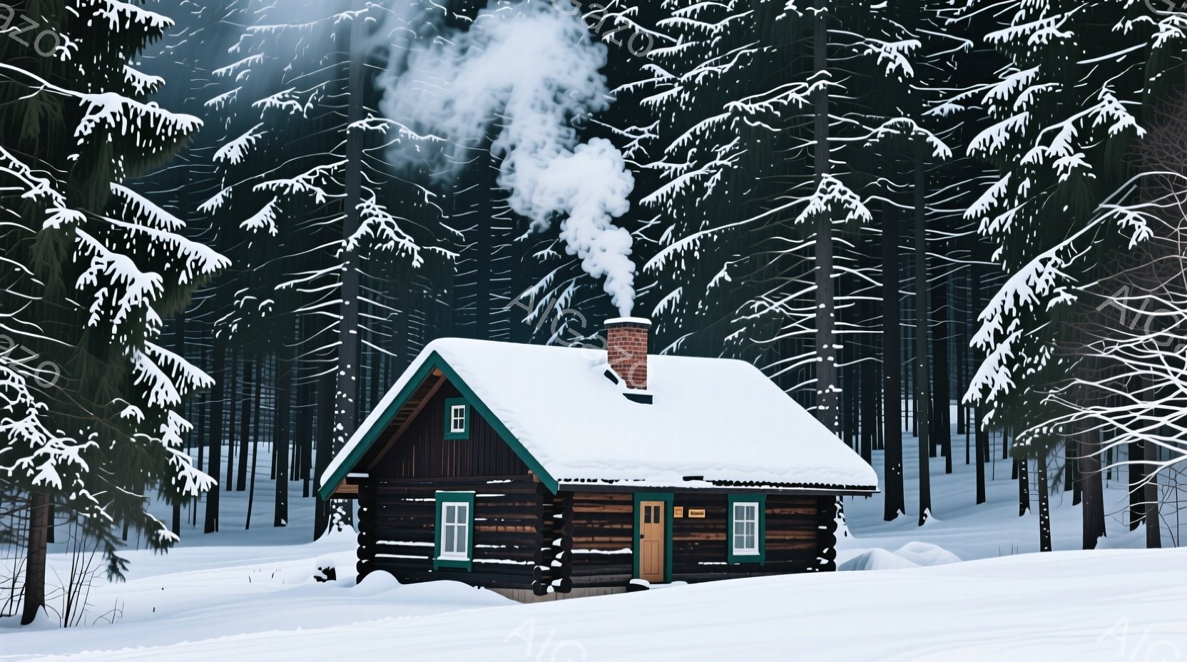 雪深い森の中に丸太小屋が建っている。屋根には雪が積もり、煙突からは湯気が立ち上っていることから、内部で暖炉が使われていることがわかる。背景にはうっそうとした針葉樹林が立ち並び、静寂で穏やかな冬の雰囲気を醸し出している。
