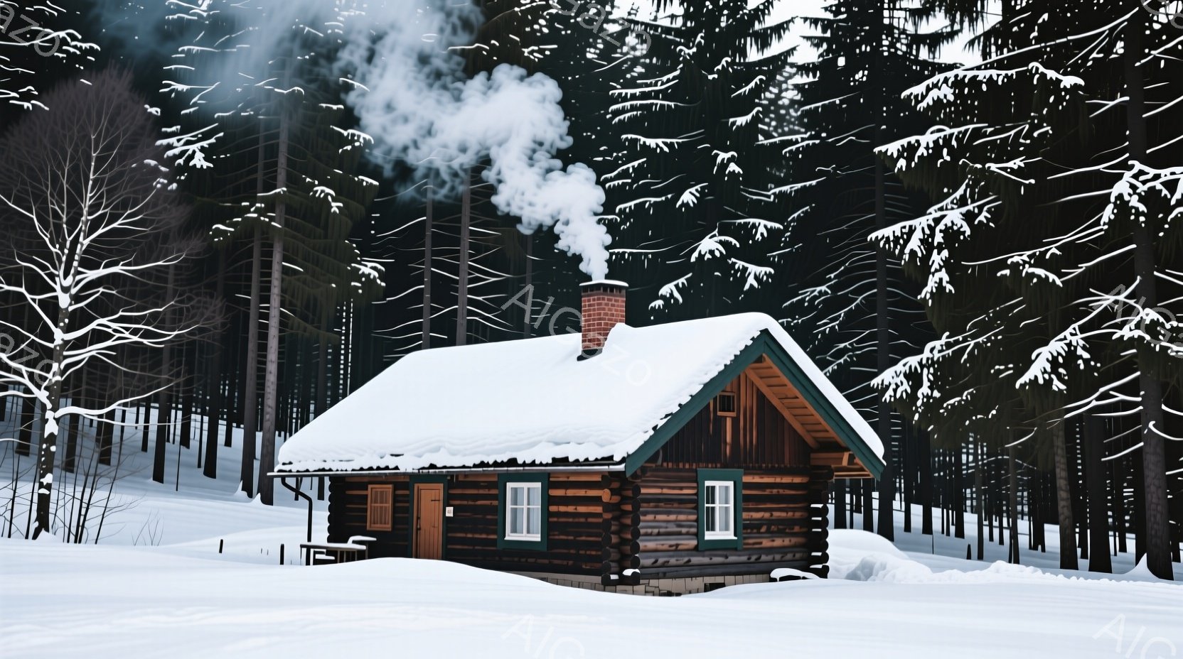 目の前に現れたのは、雪に覆われた丸太小屋です。深い緑色の外壁と雪で覆われた屋根が印象的で、煙突からは白い煙が立ち上っています。周囲は雪に覆われた針葉樹林で、冬の静寂と暖かさを感じさせる風景です。