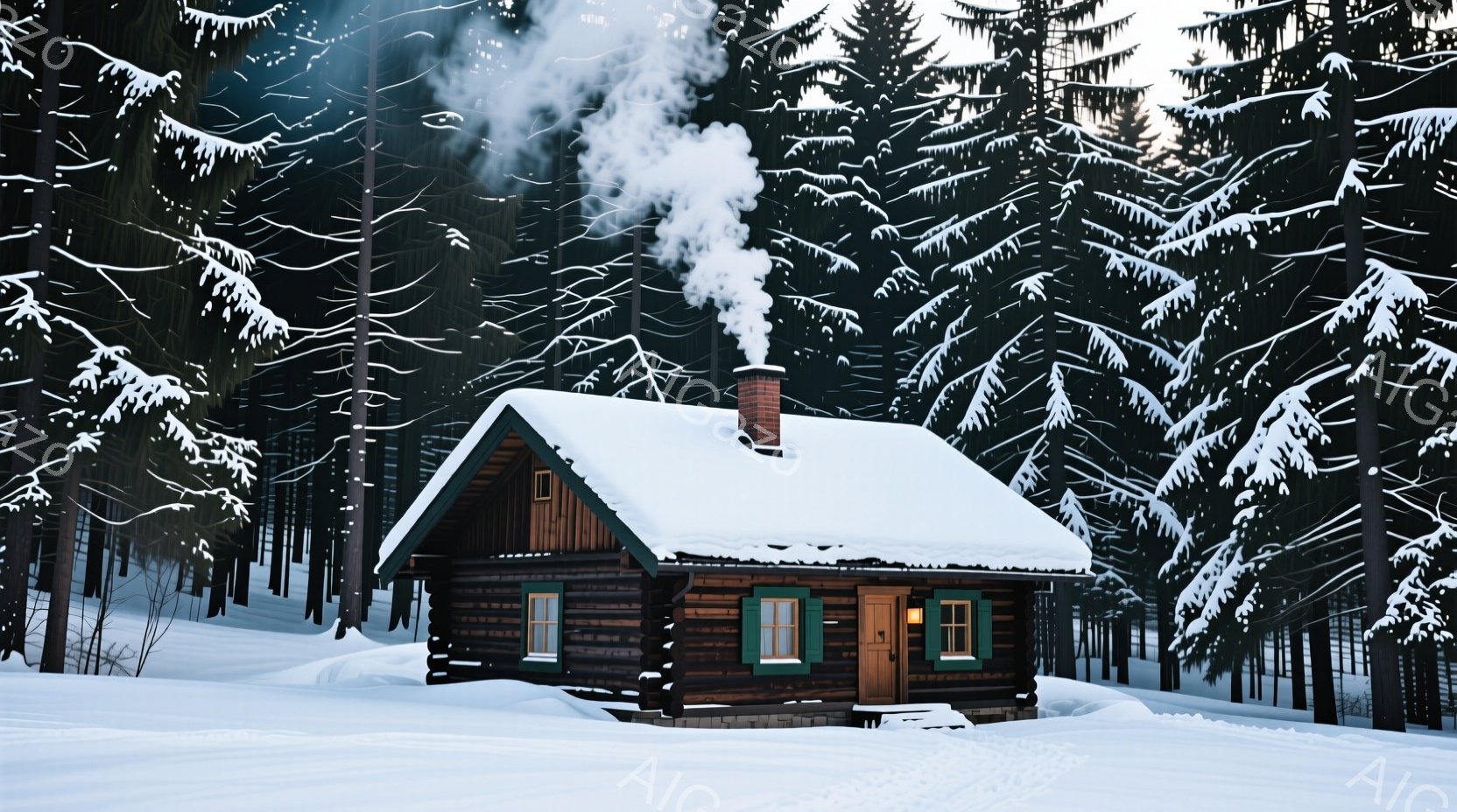雪に覆われた丸太小屋が、深い緑の針葉樹林の中に建っている。屋根には厚い雪が積もり、煙突からは湯気が立ち上っていることから、暖炉に火が灯っていることがわかる。全体的に静かで穏やかな冬の風景であり、寒さの中の温かさを感じさせる。