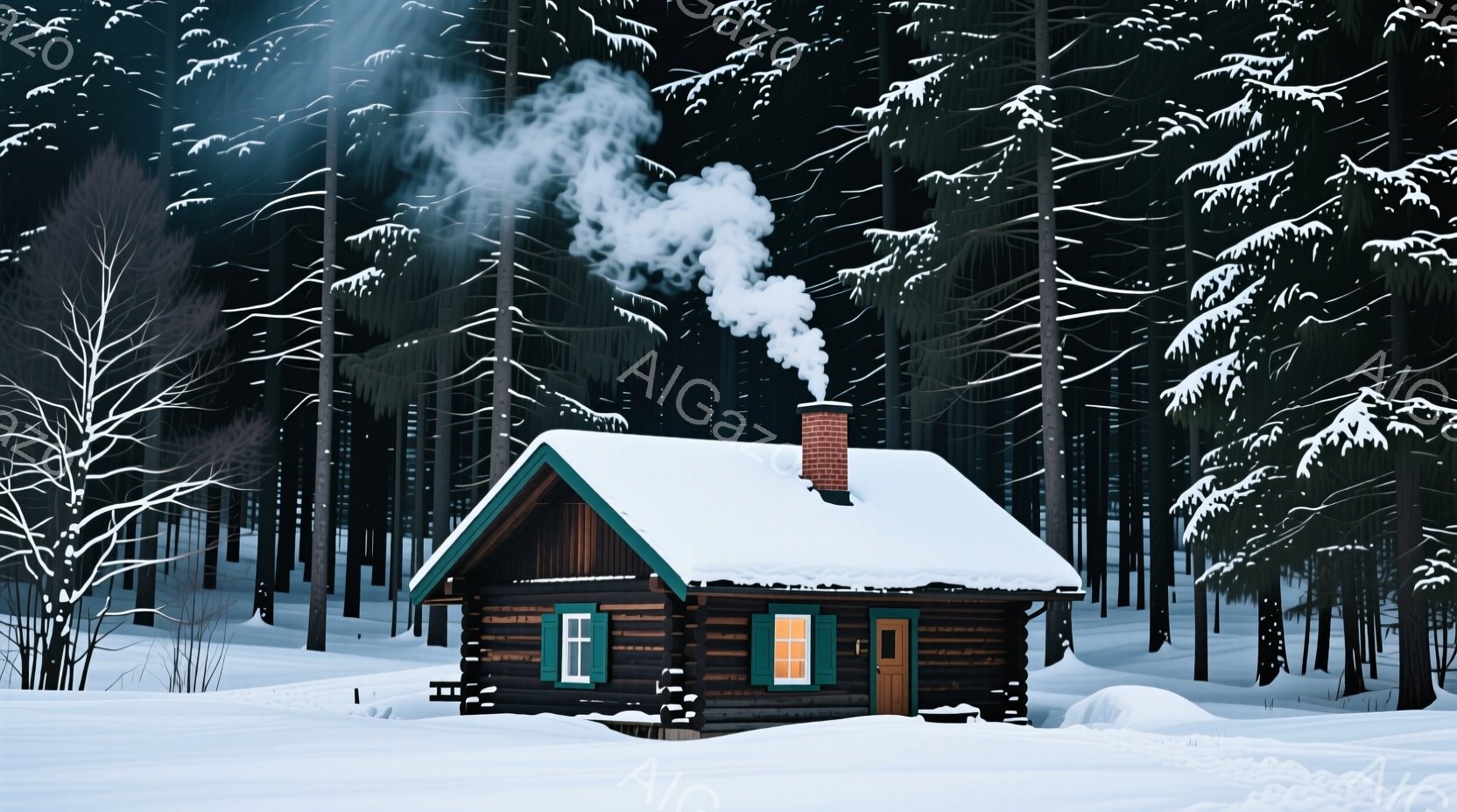 雪に覆われた森の中に、趣のある丸太小屋が佇んでいます。屋根には雪が積もり、煙突からは暖炉の煙が立ち上り、冬の寒さの中で温もりを感じさせます。背景にはうっそうとした木々が立ち並び、静寂で幻想的な雰囲気を醸し出しています。