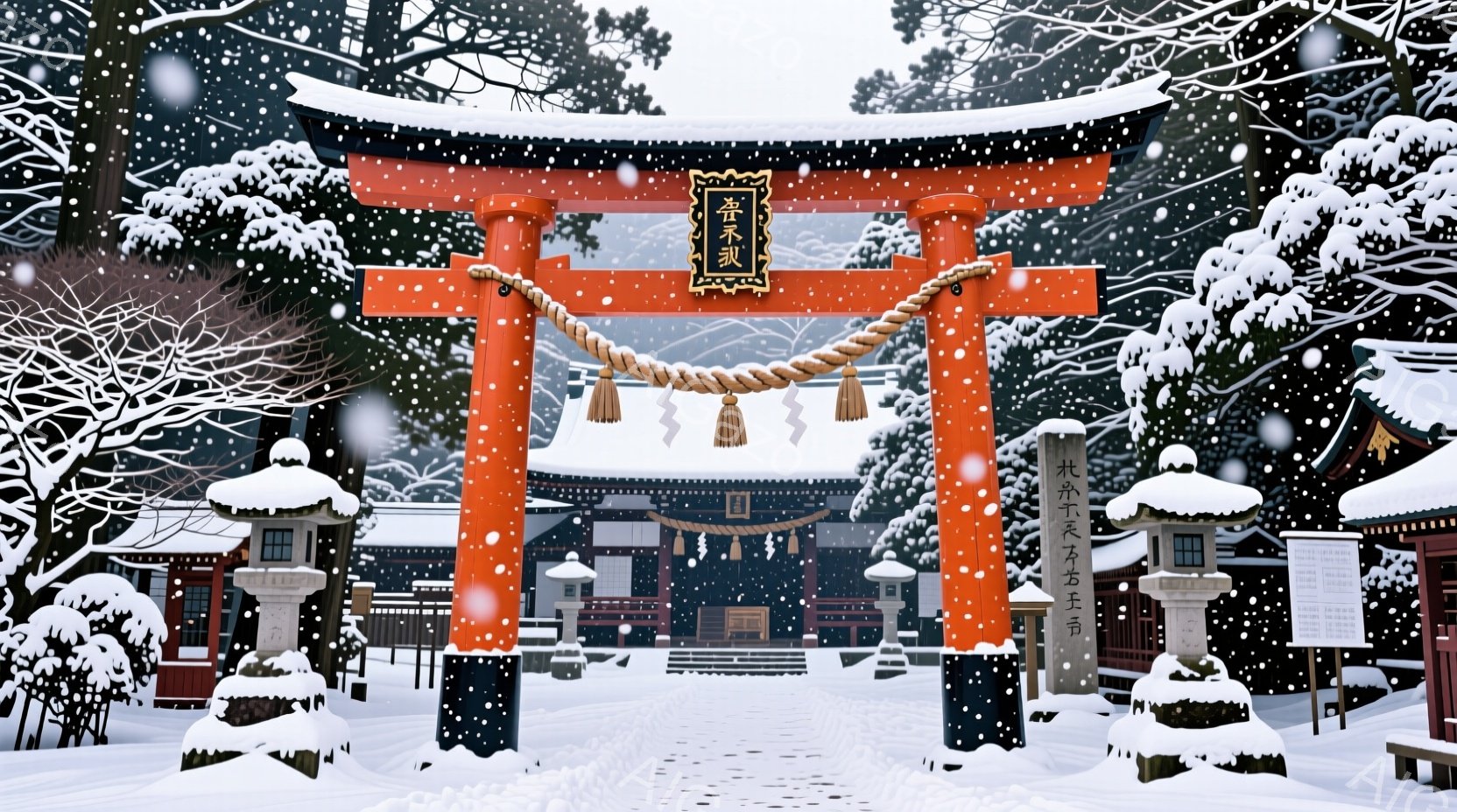 雪が降り積もる中、鮮やかな朱色の鳥居が印象的な風景です。背景には、伝統的な屋根を持つ建物が並び、雪景色と調和しています。全体的に静寂で厳かな雰囲気が漂い、冬の日本の神社の美しさが際立っています。